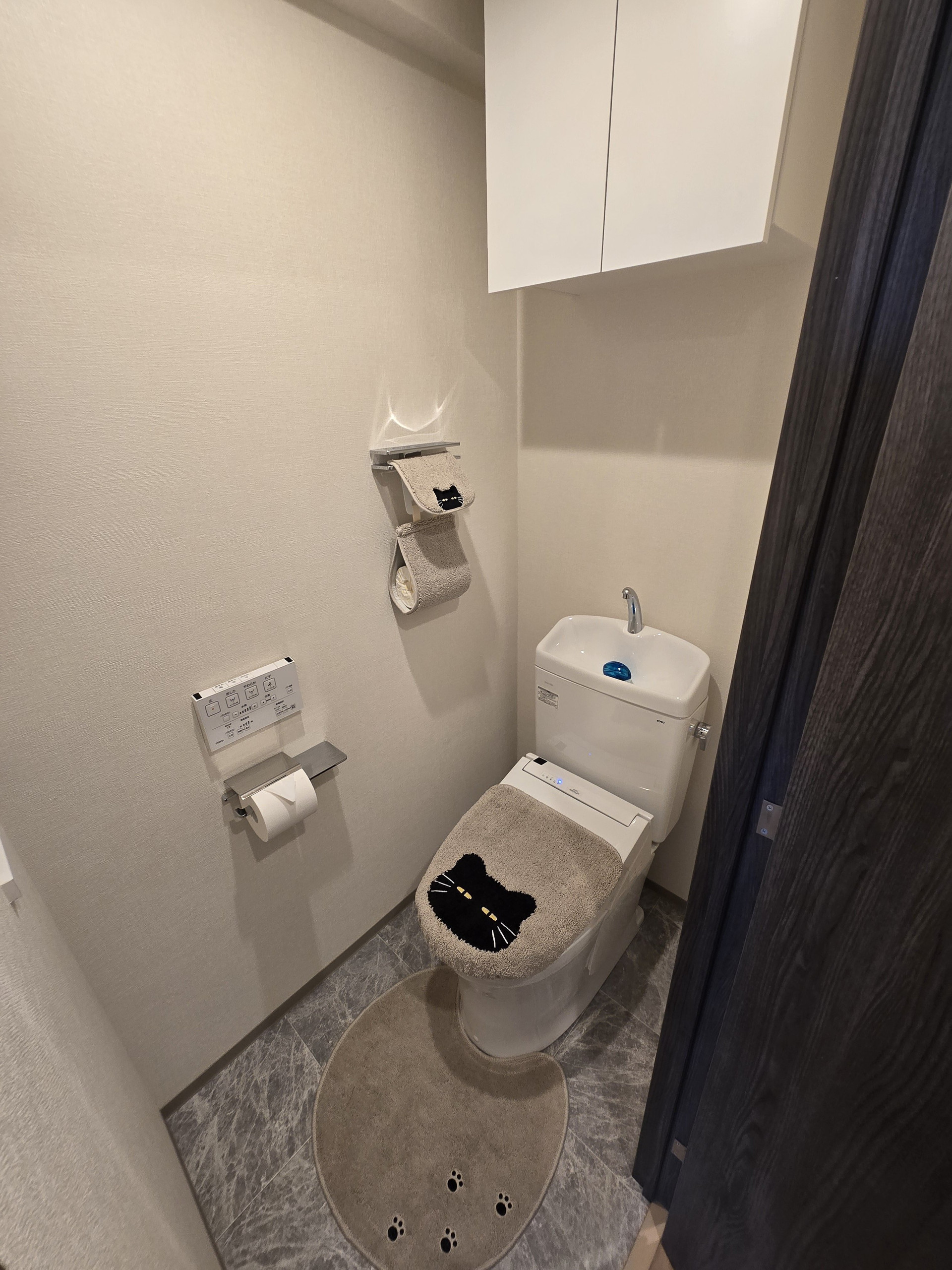 Toilet with cat-themed mat