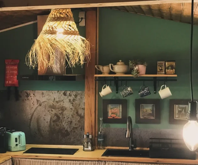 Kitchen sink with green walls