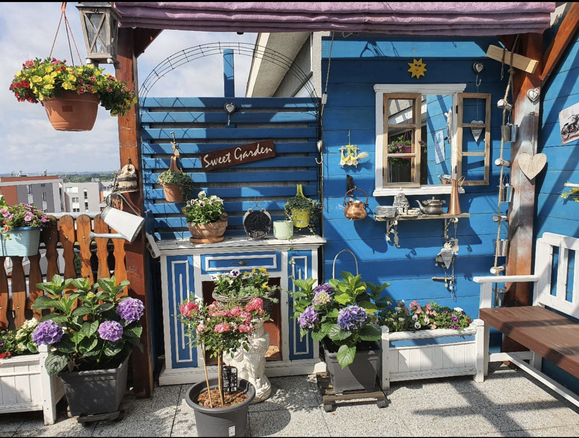 Decorative blue garden shed