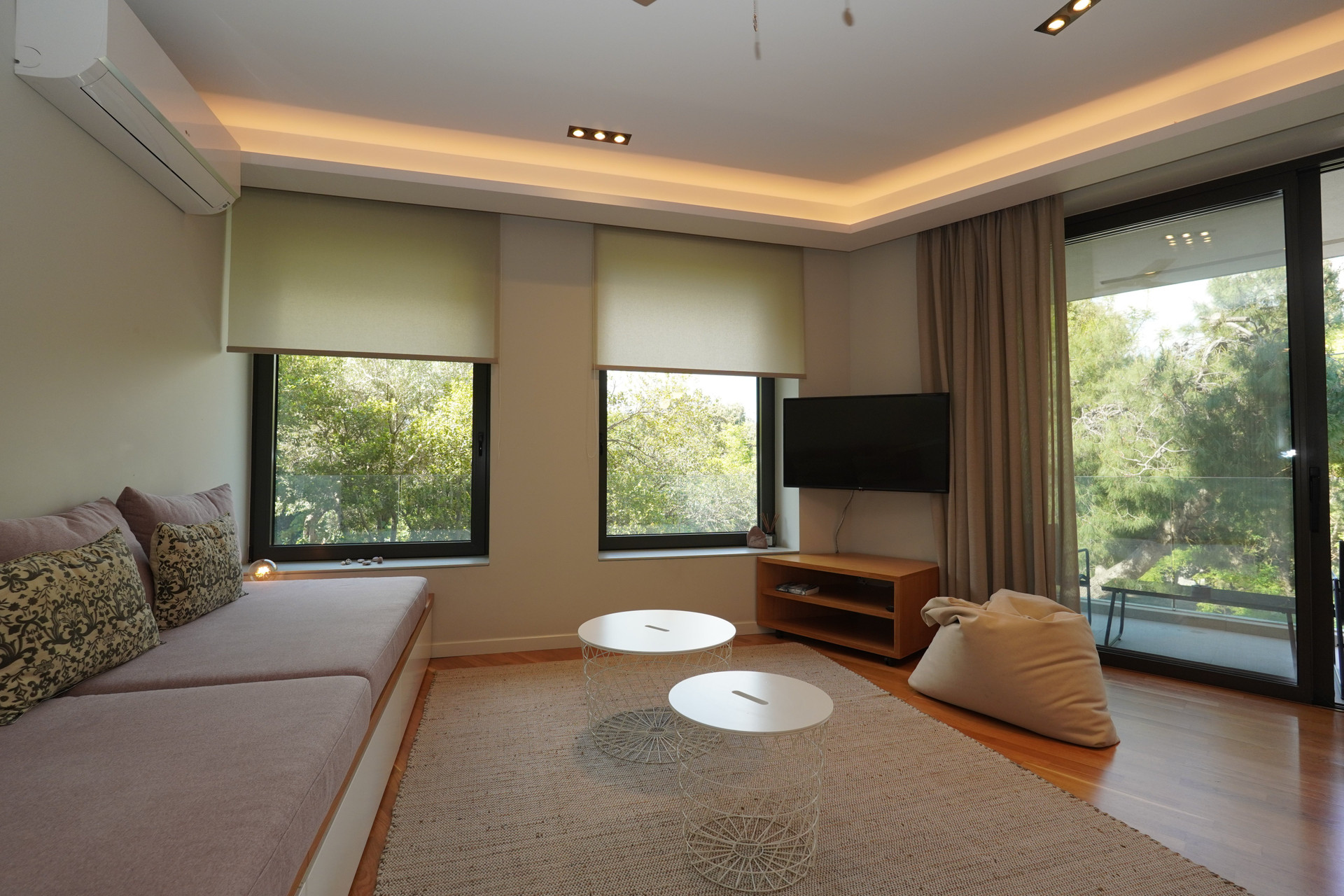 Living room with TV and balcony