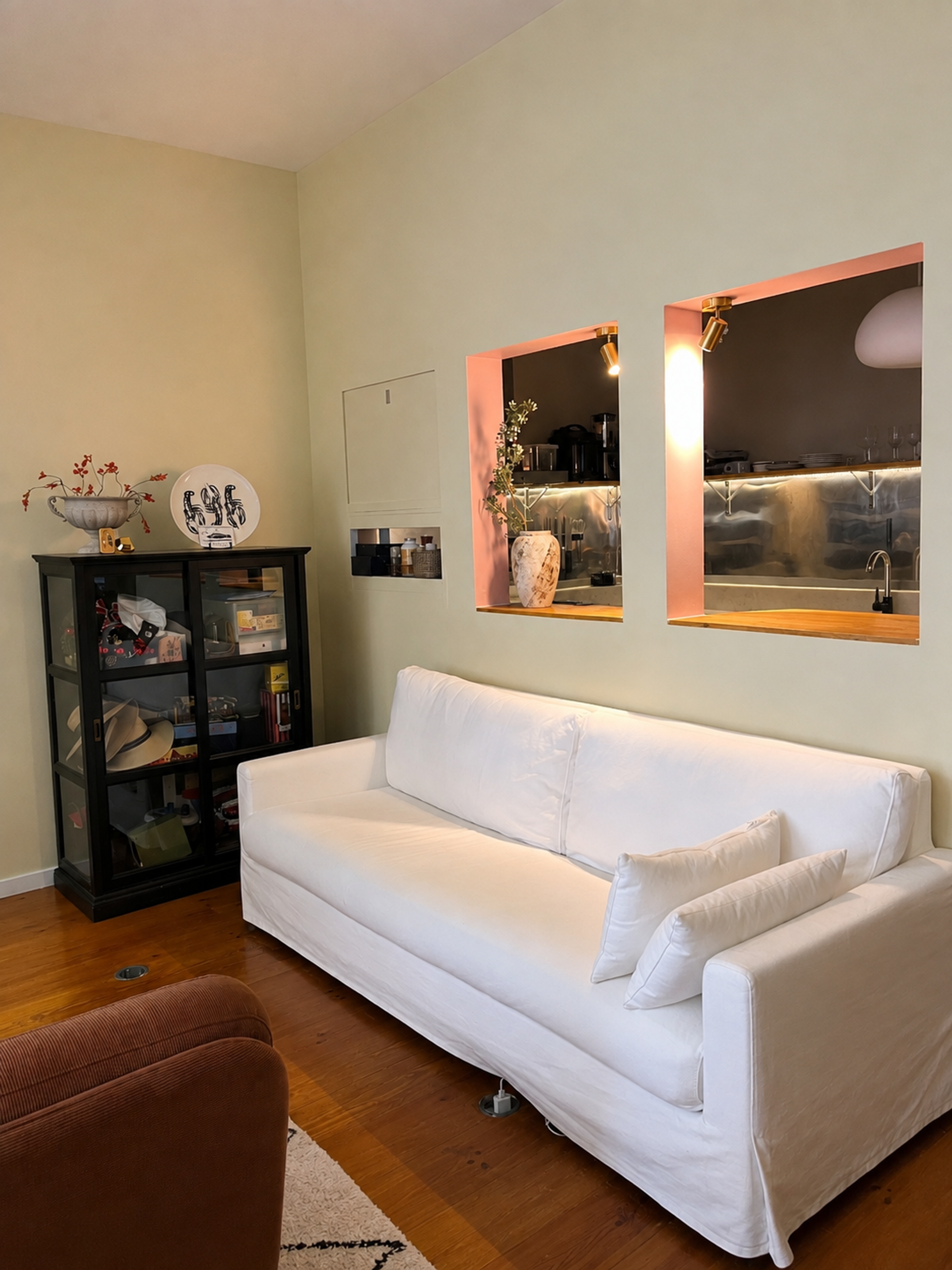 Living room sofa and kitchen view