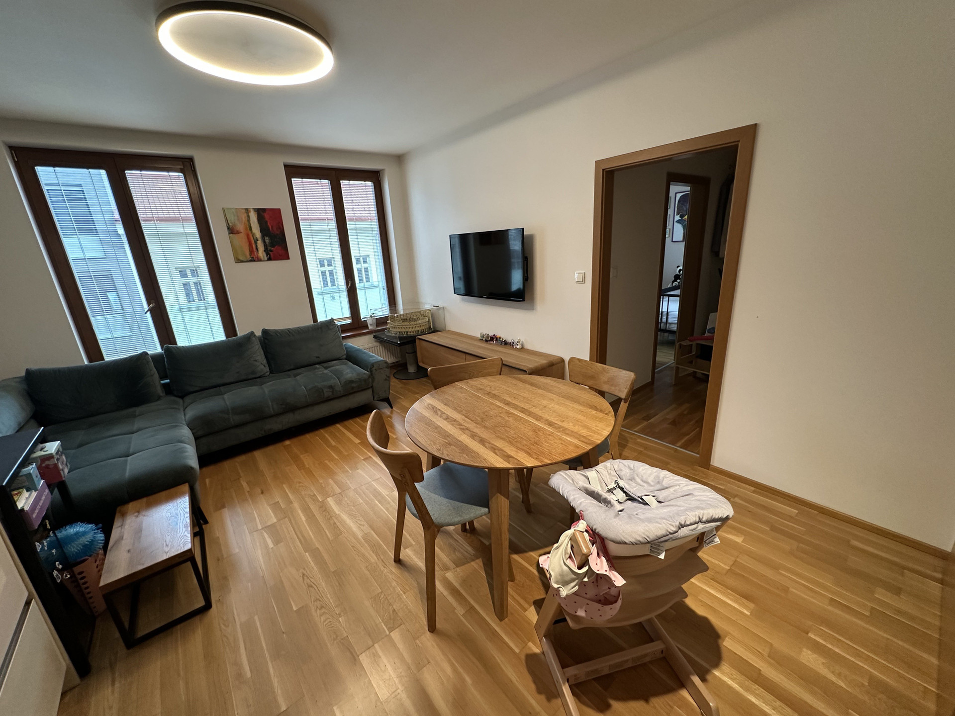 Bright living room with dining table