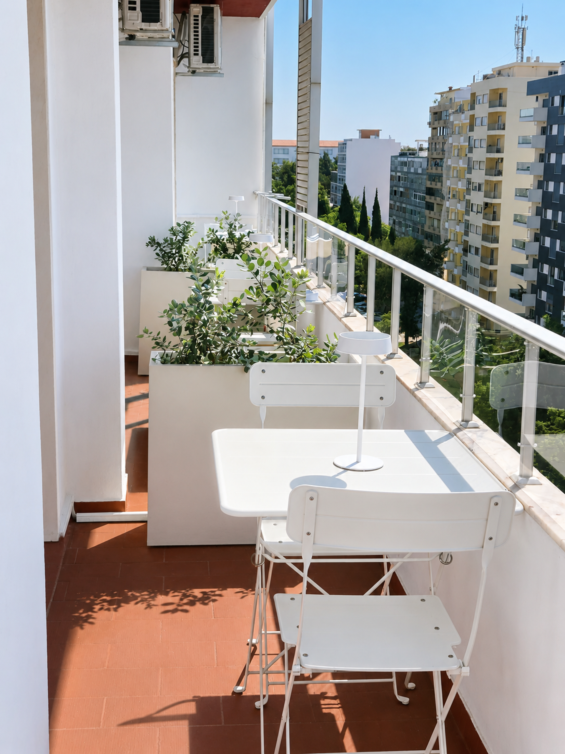 Balcony with city skyline view
