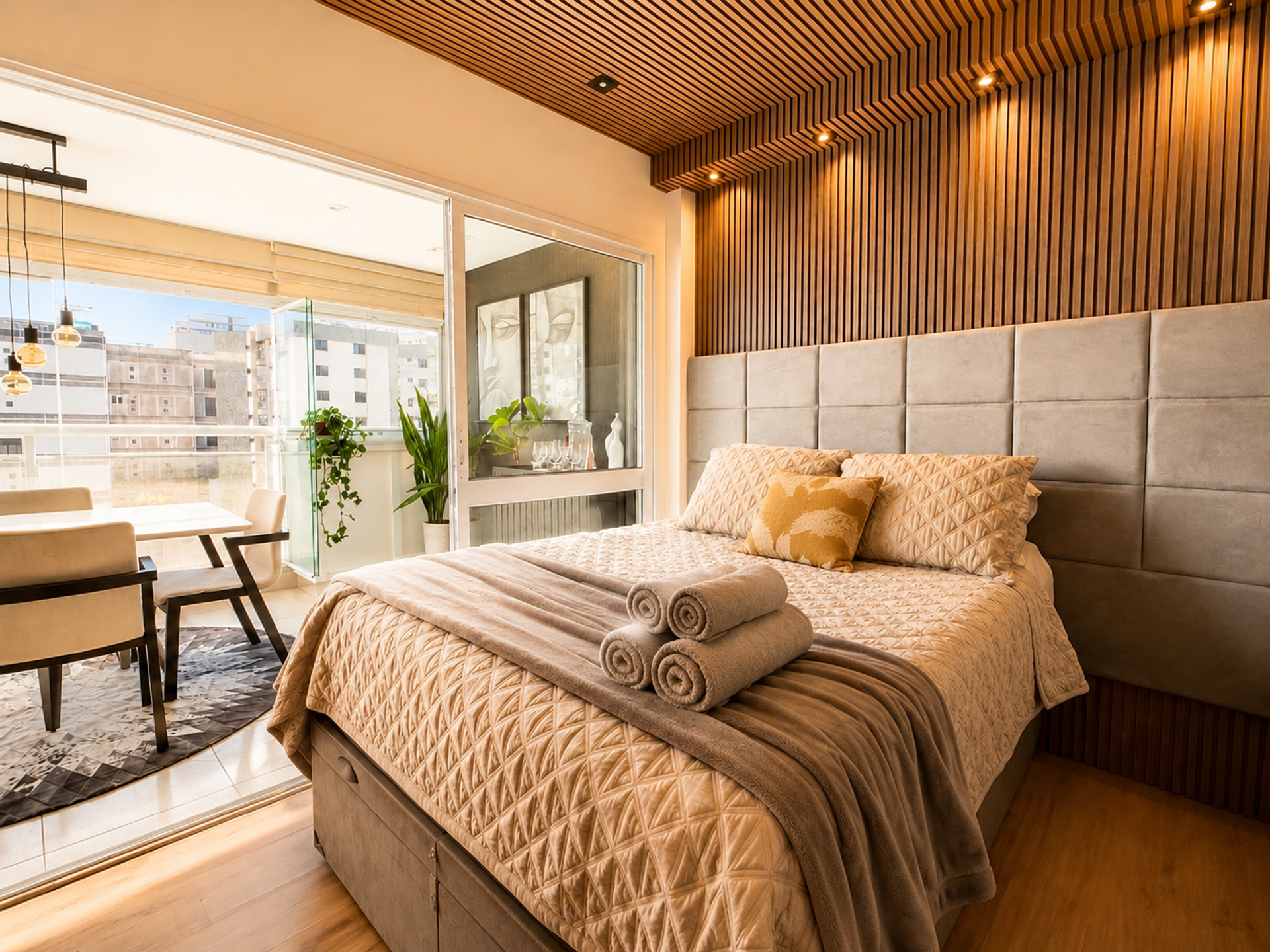 Bedroom with plush headboard