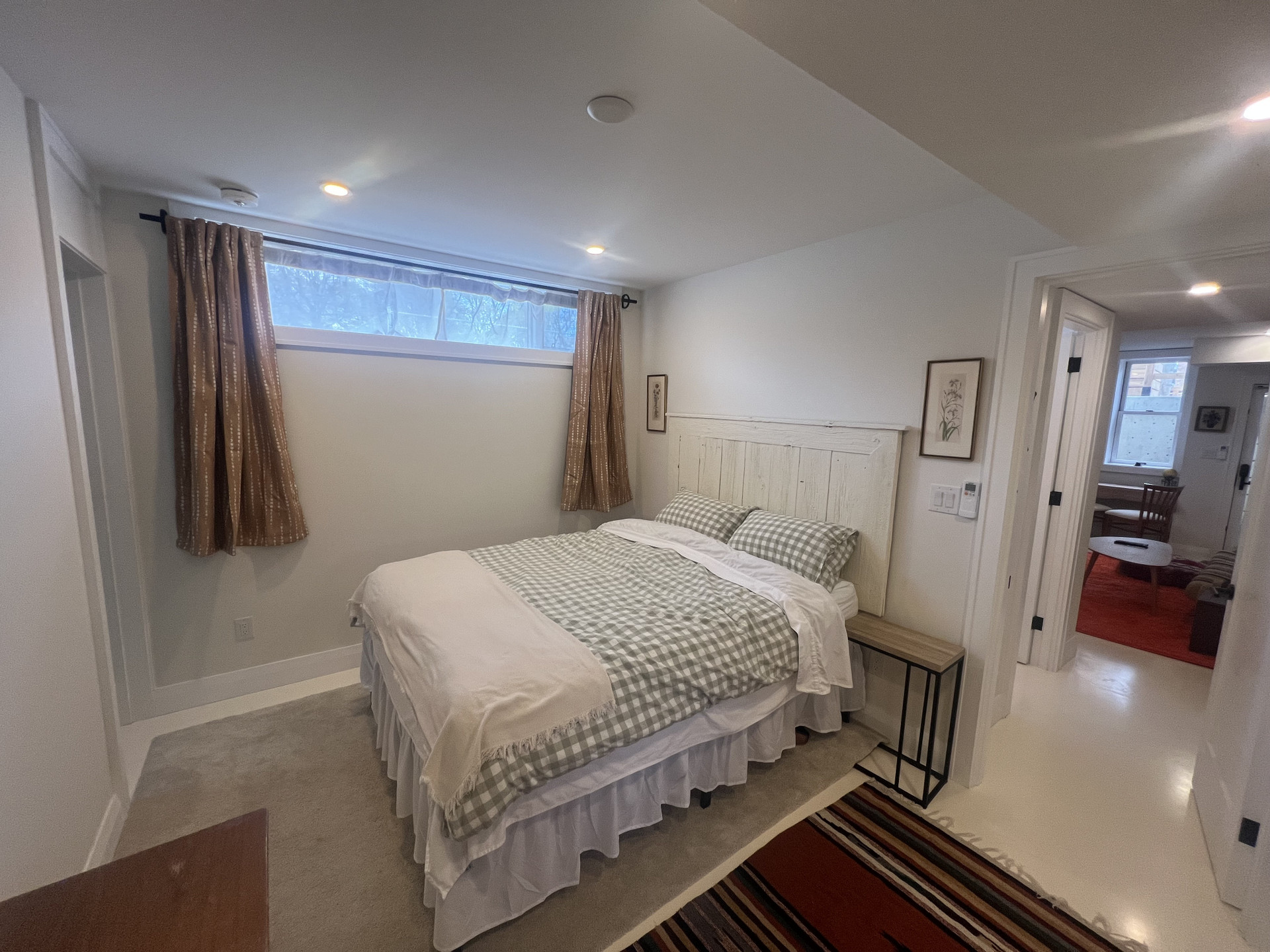Queen size bed with blackout curtains