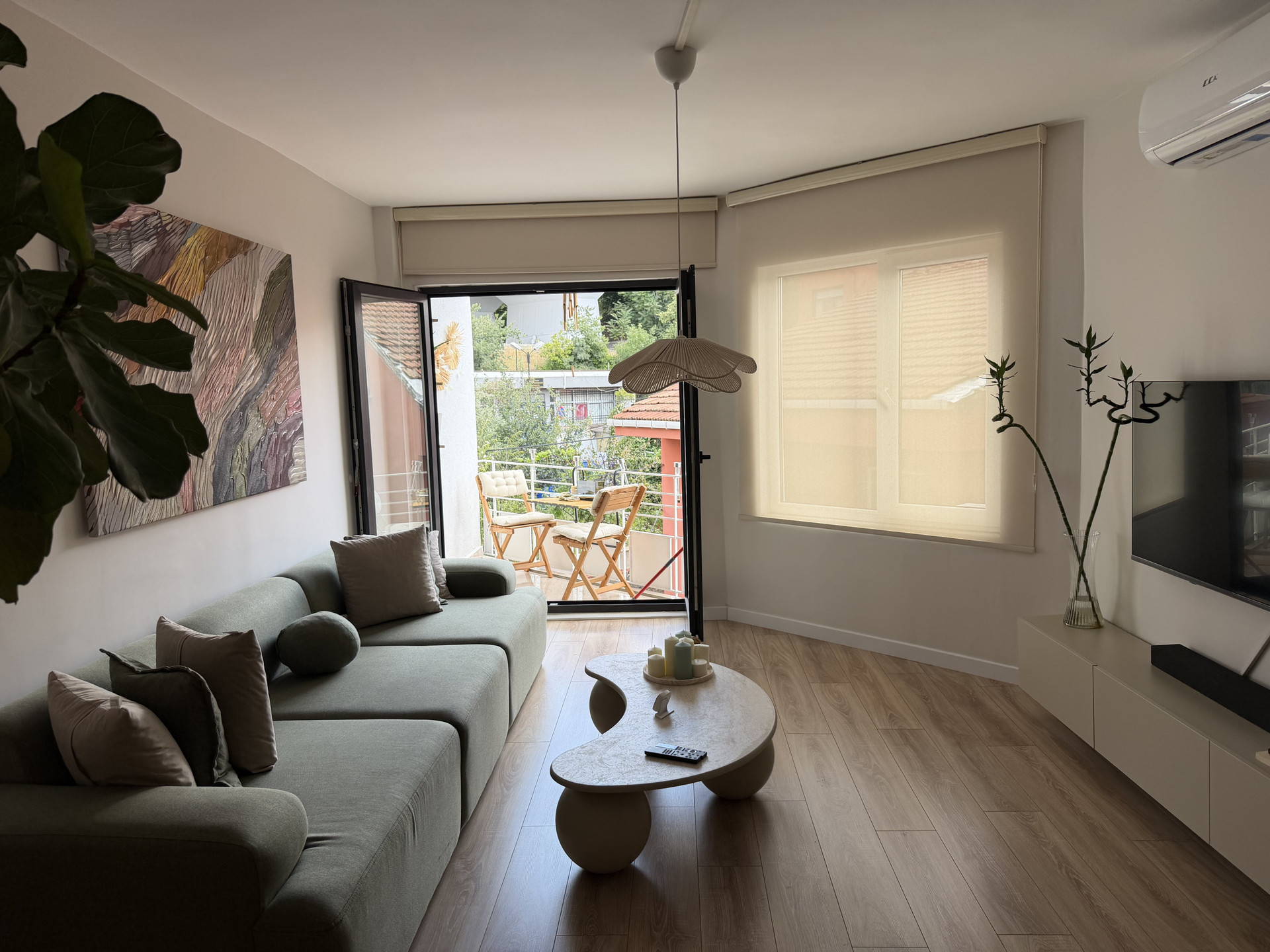 Cozy living room with balcony access