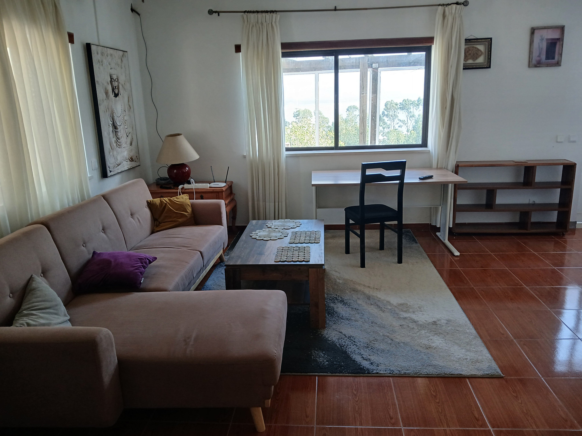 Living room with desk and shelves