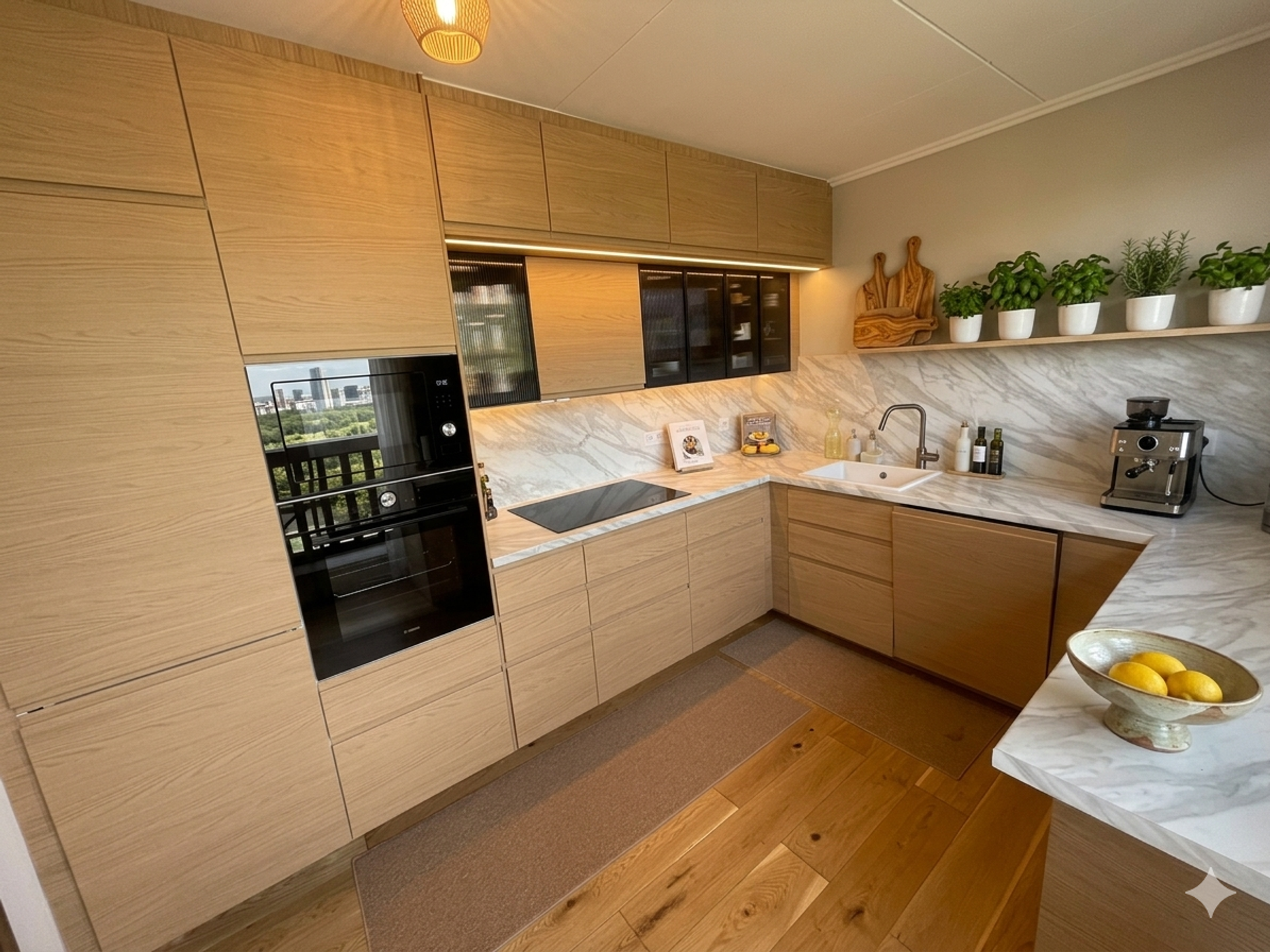 Modern kitchen marble countertops wood cabinets