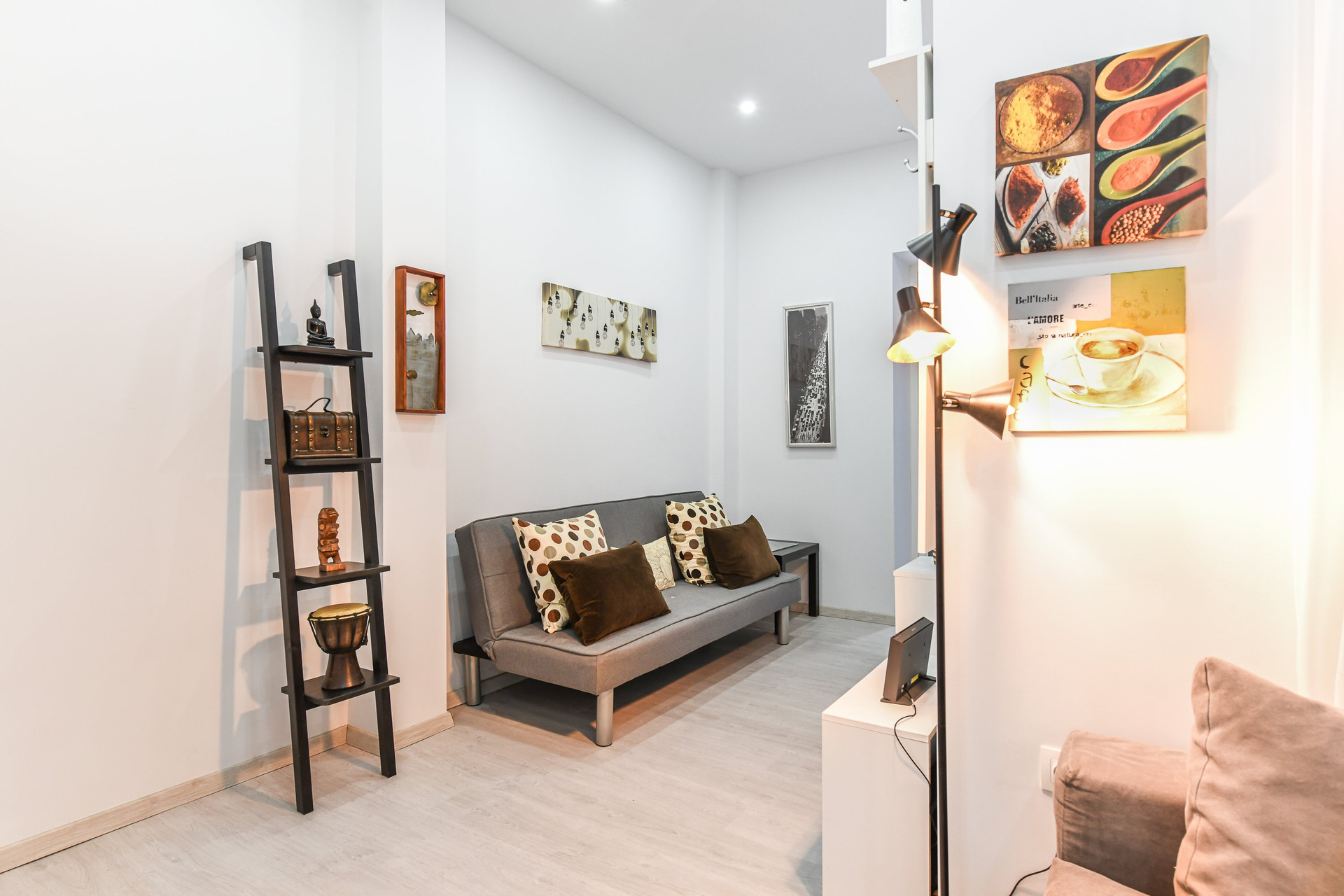 Living area with decorative shelving