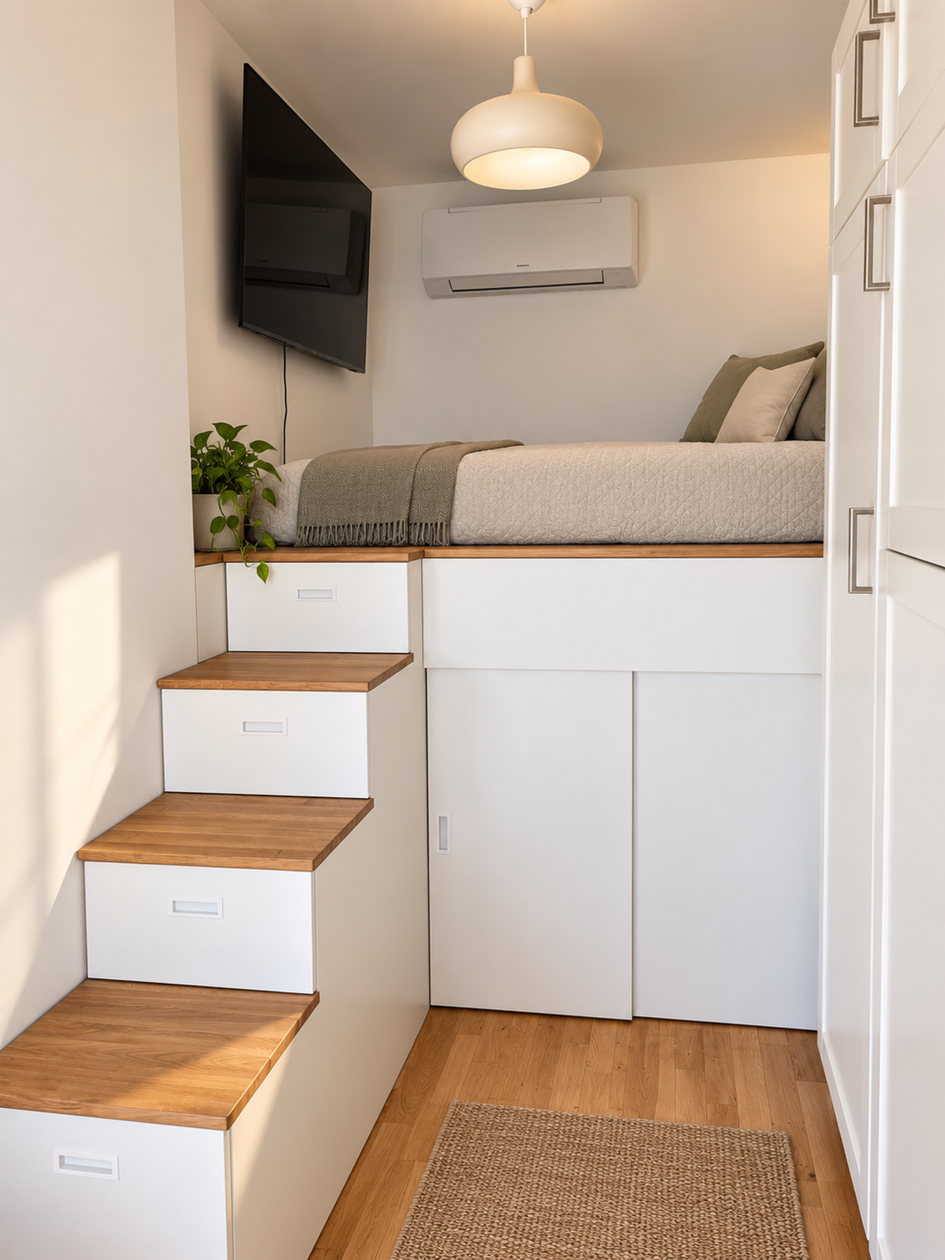 Loft bedroom with storage stairs