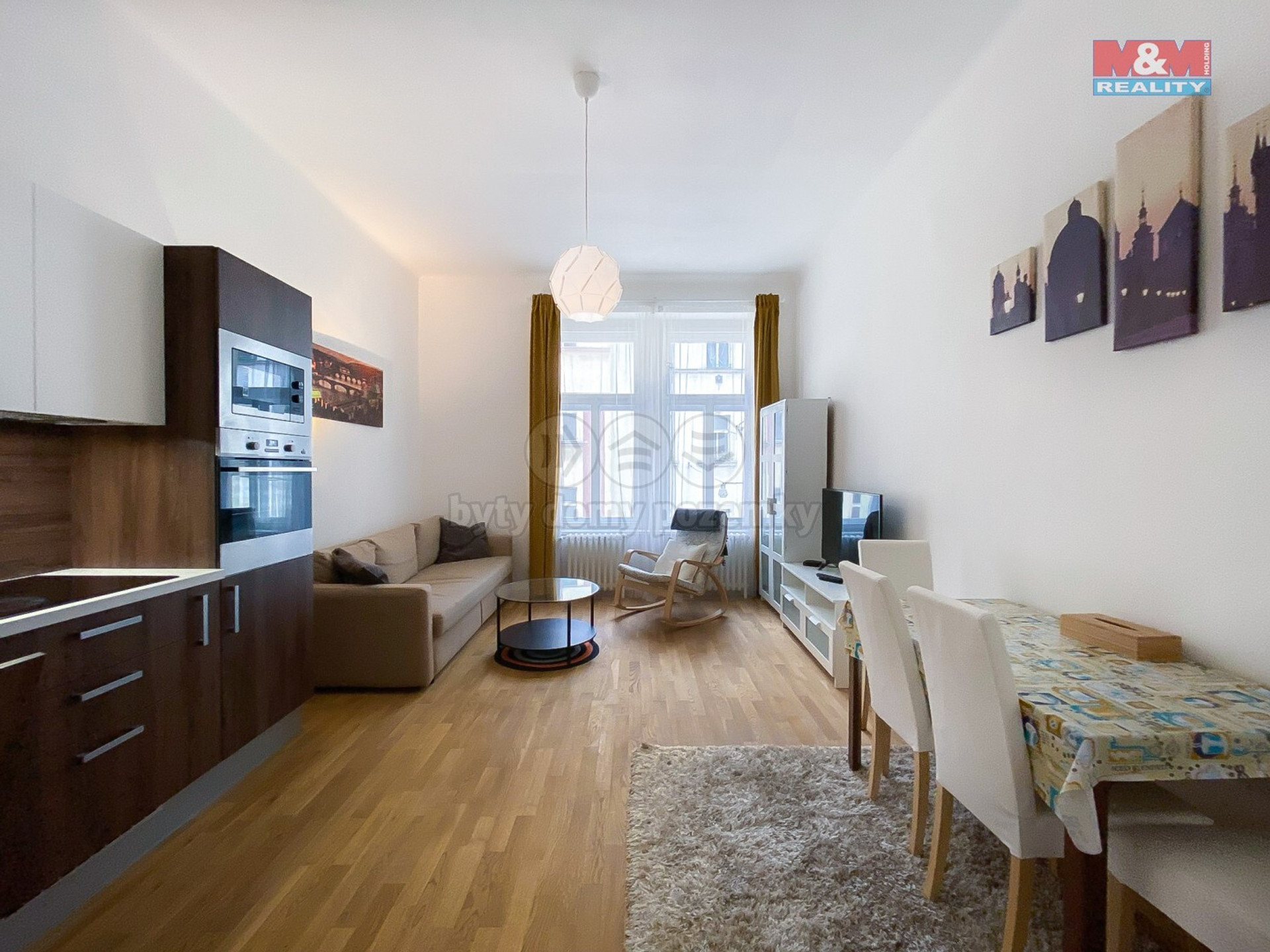Living room with sofa bed and kitchen