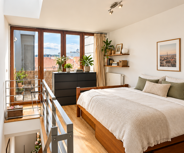 Bedroom with skylight and balcony