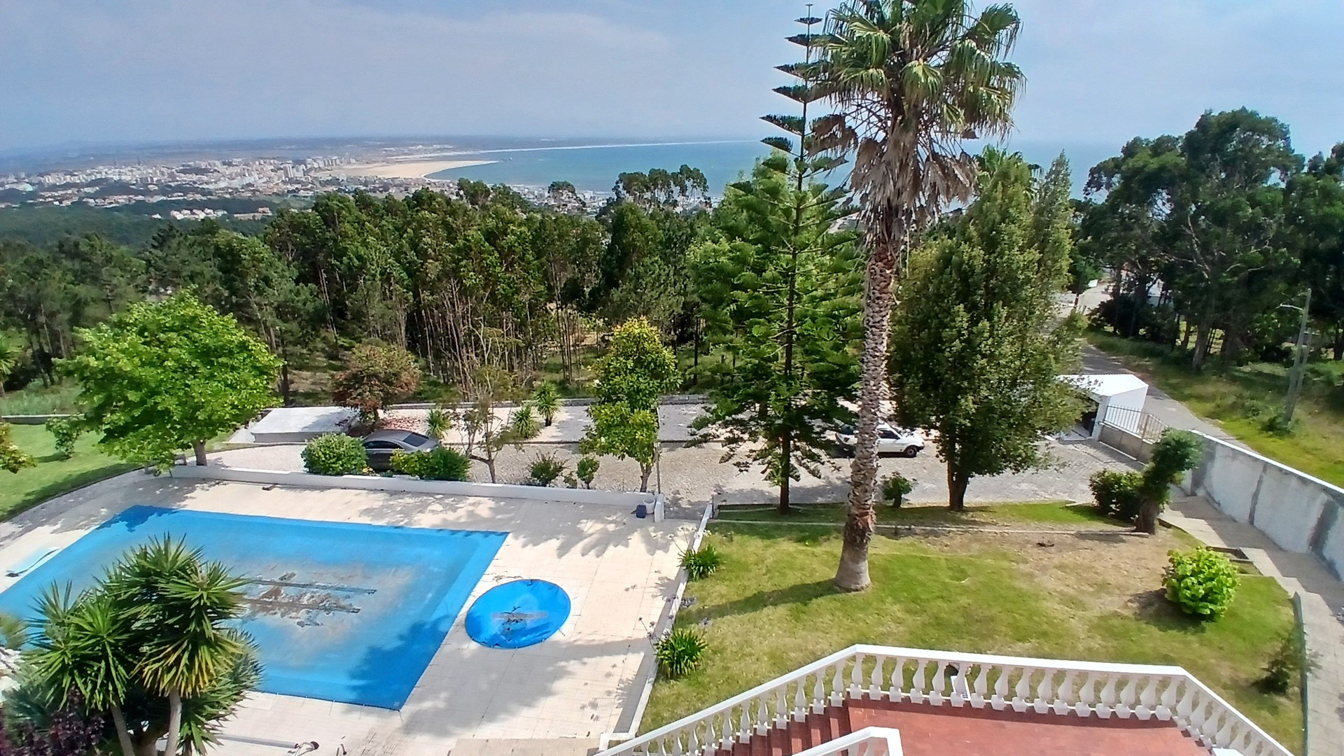 Aerial view pool garden ocean