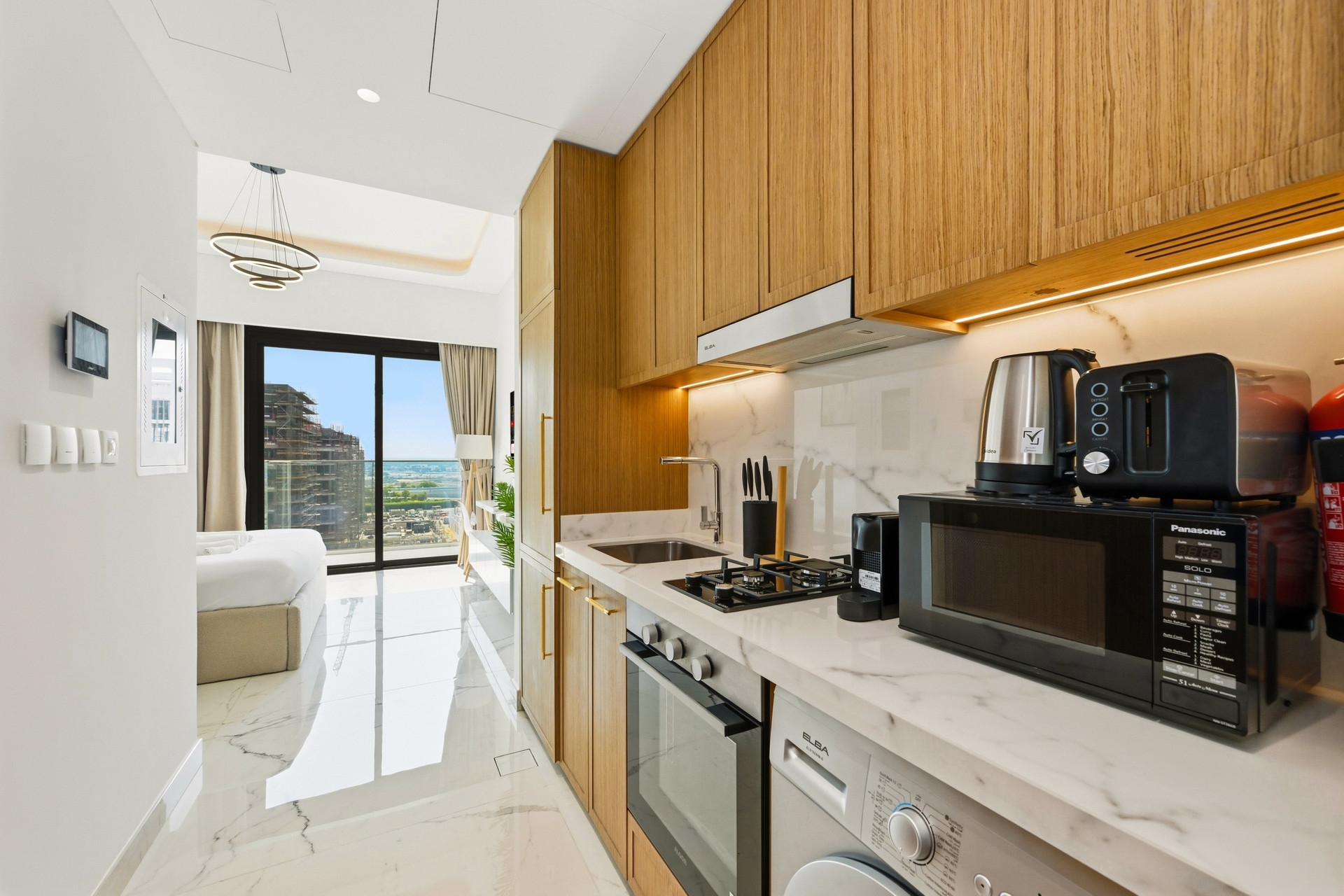 Kitchen with sea view living area