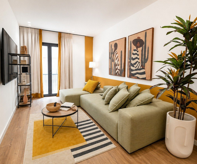 Living room with cactus artwork