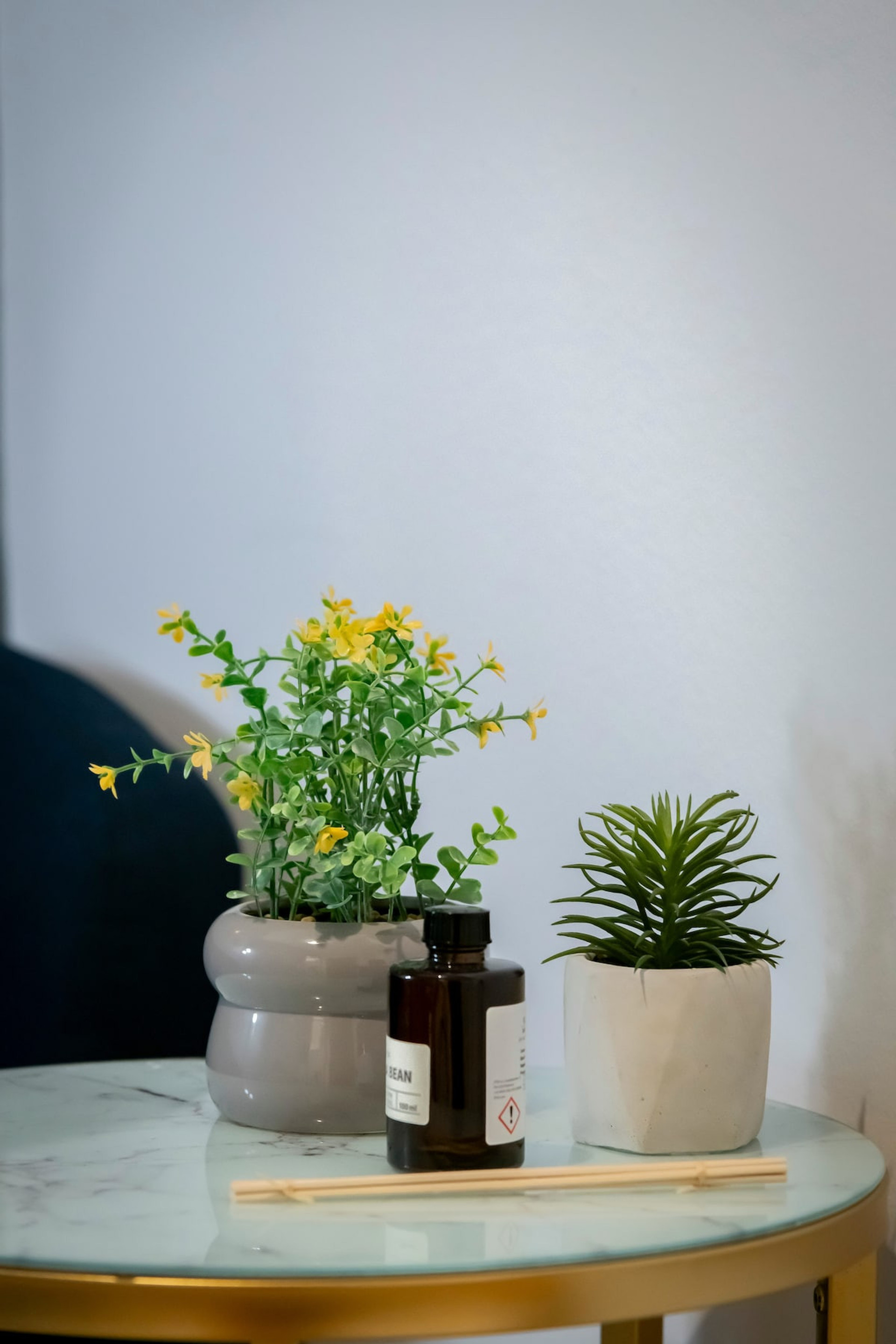 A charming touch of greenery brightens this elegant marble-top table, featuring delicate yellow blooms and a modern succulent. Perfectly placed to create a serene and inviting atmosphere in your living space.