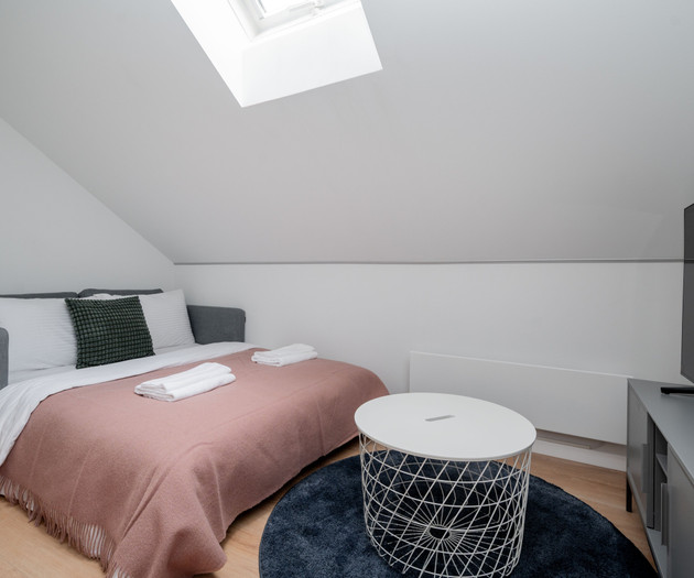 Cozy attic bedroom with TV