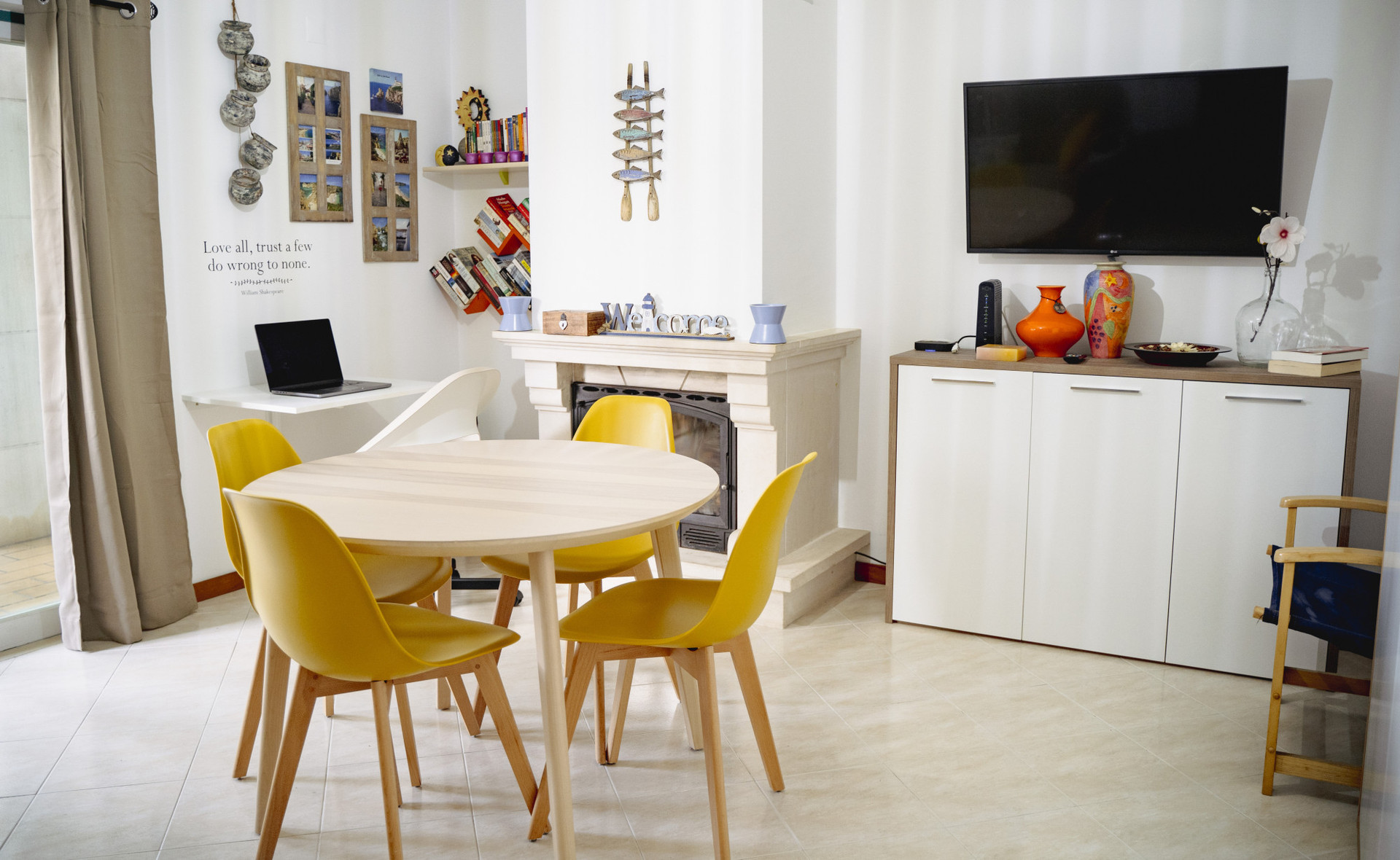 Bright living dining area fireplace