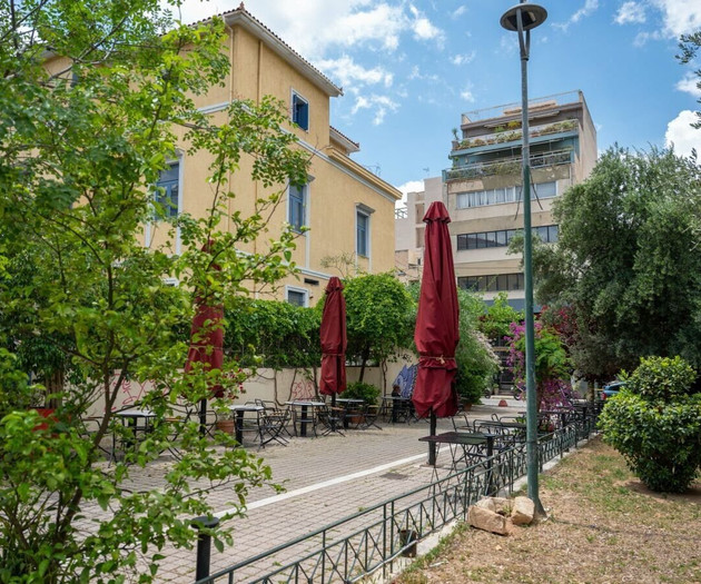 Outdoor patio with umbrellas