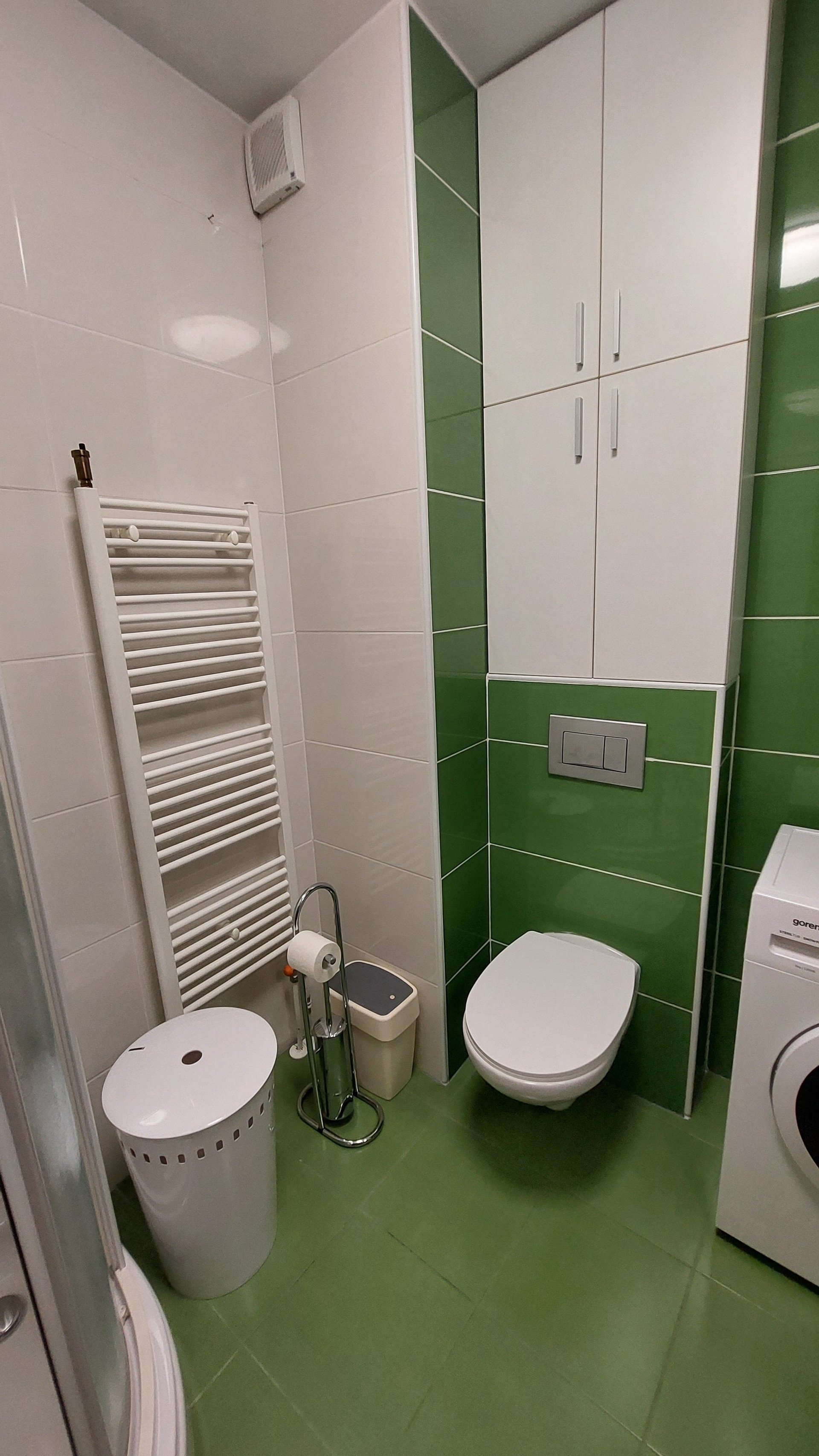 Bathroom with green tiles and toilet
