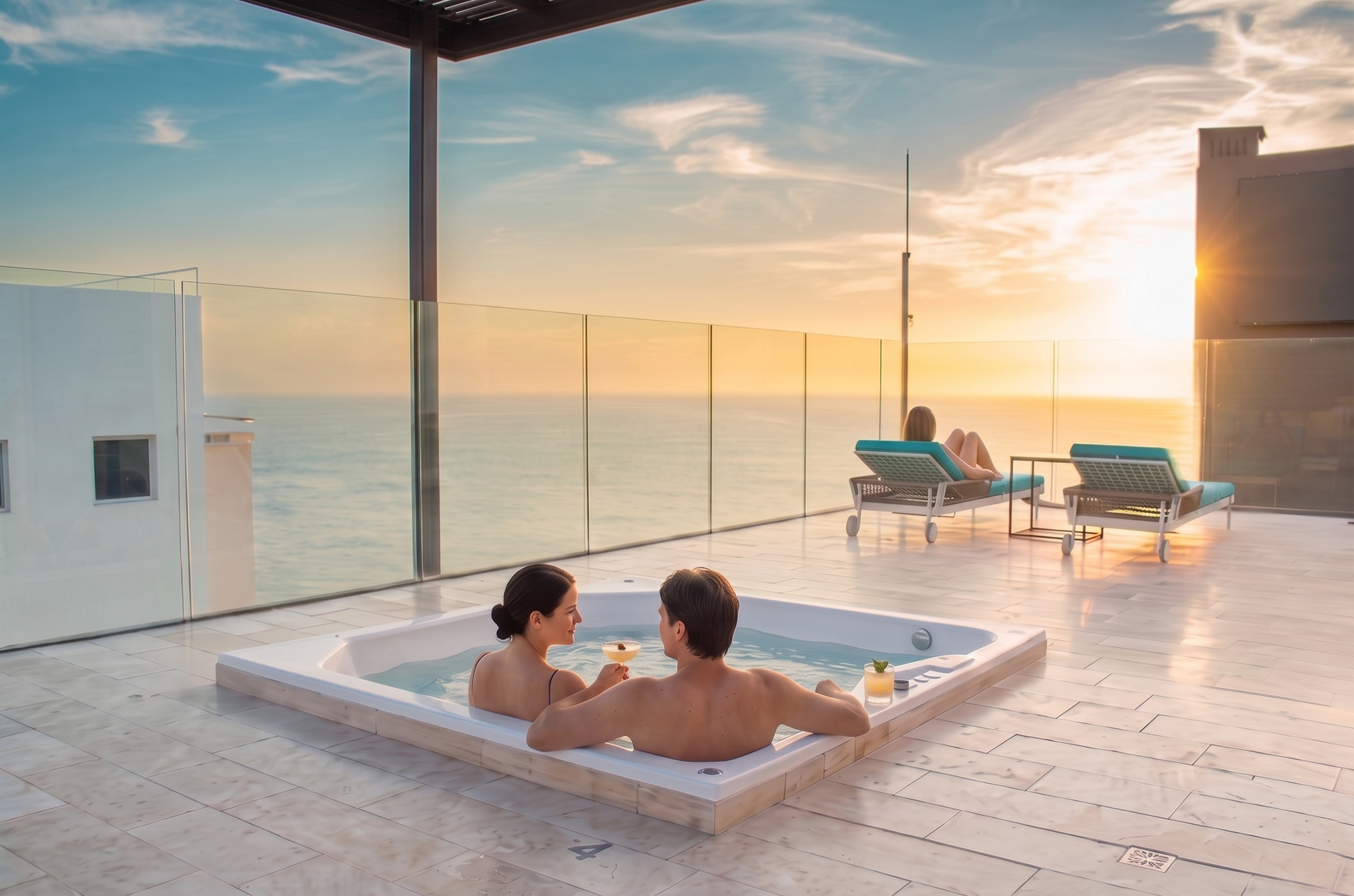 Jacuzzi al atardecer con vistas al mar, el espacio perfecto para relajarte y disfrutar de una experiencia inolvidable en Santa Marta. Ambiente exclusivo, luz natural y zonas diseñadas para desconectar frente al océano.