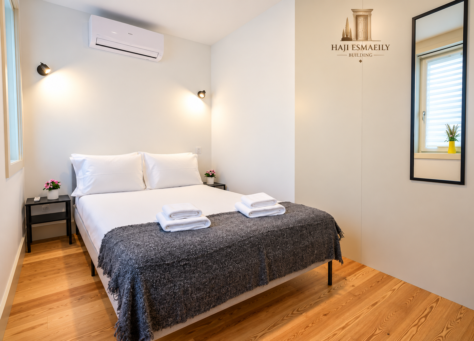 Bedroom with mirror and wardrobe