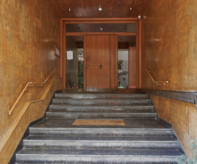 The building's entrance door