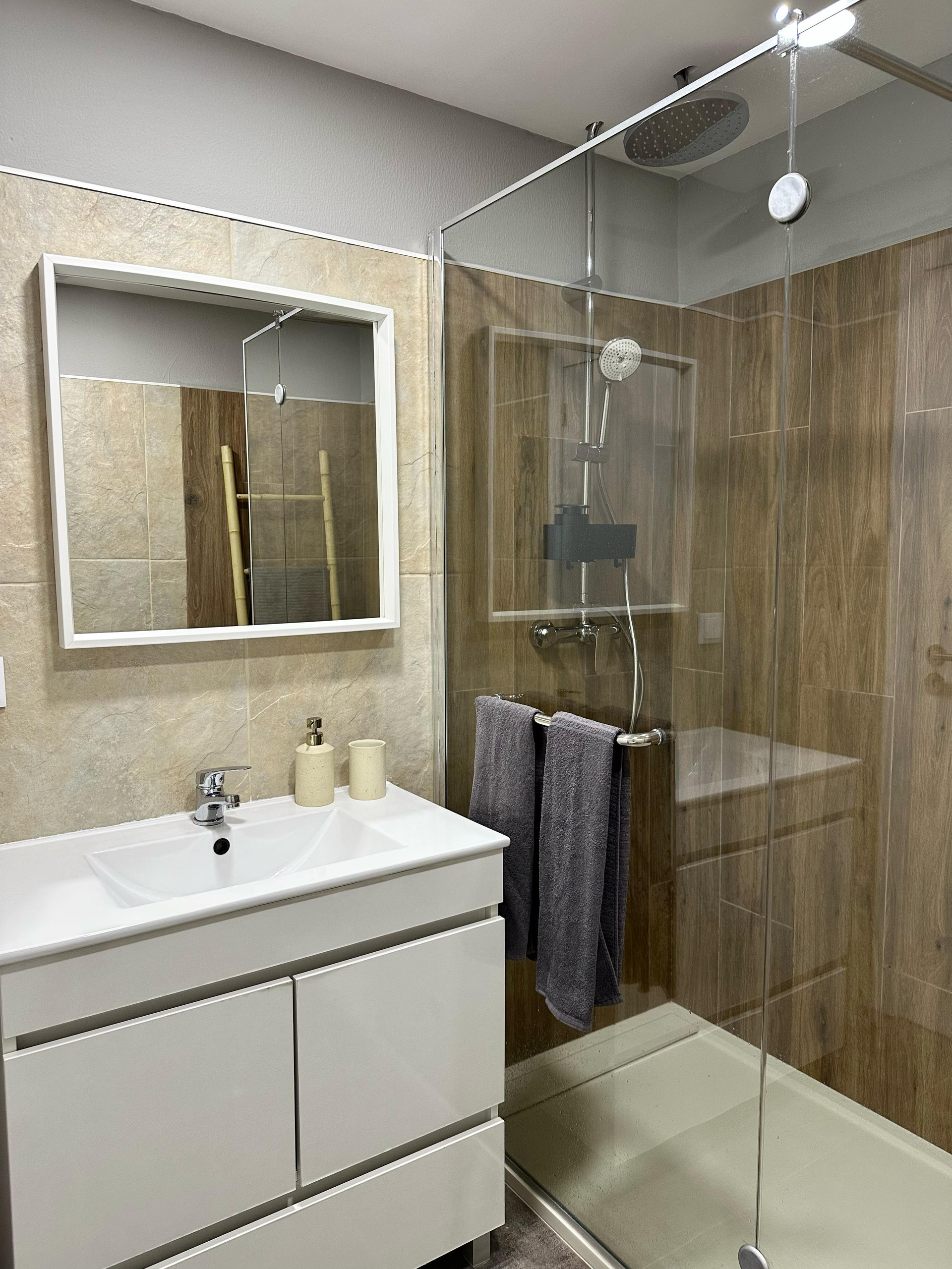 Bathroom vanity and shower area