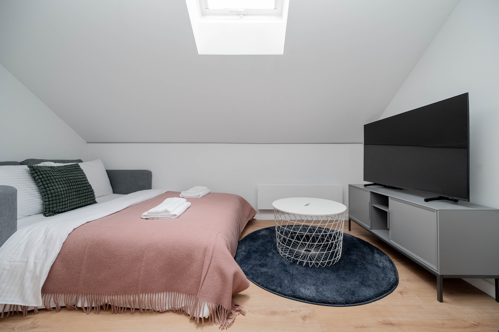 Bed with TV and rug