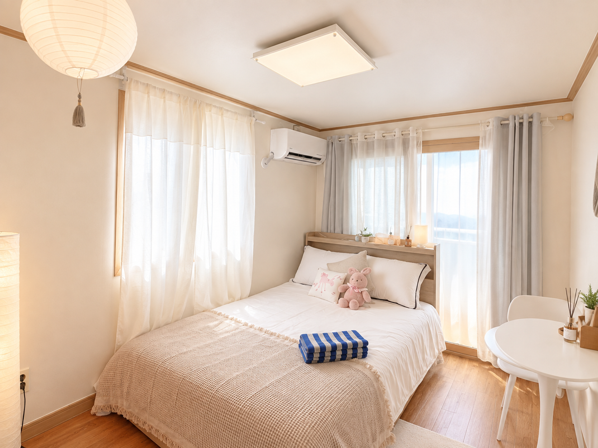 Bright bedroom with lantern