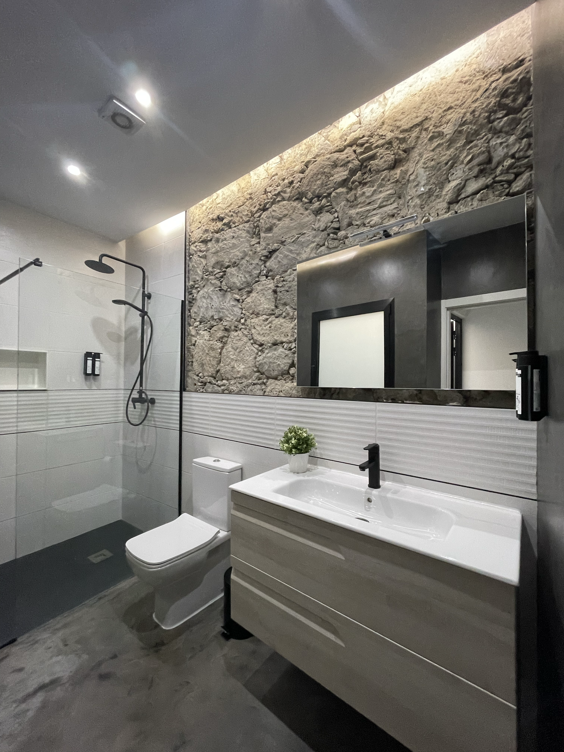 Modern bathroom with stone wall