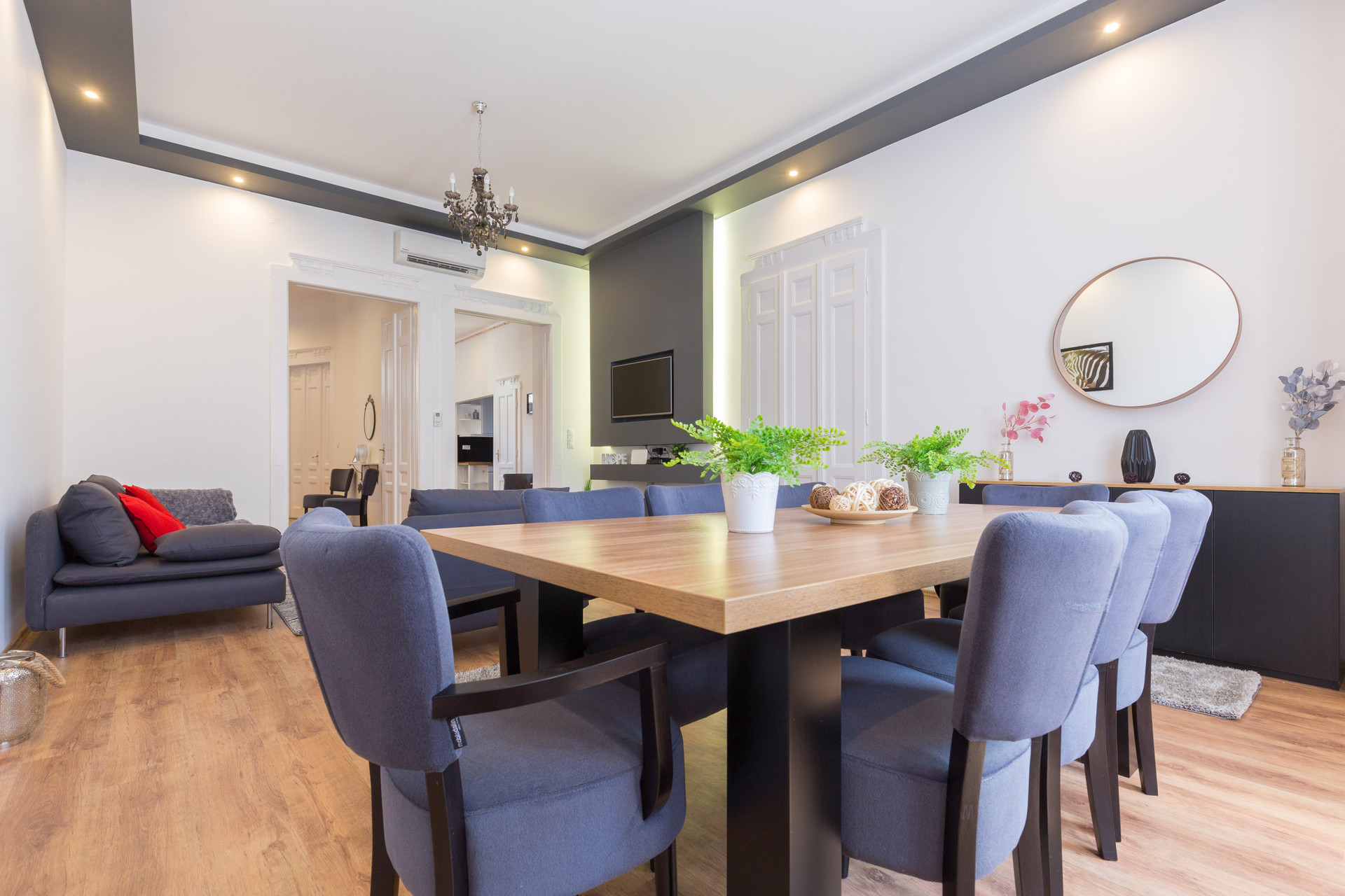 Dining table with blue chairs