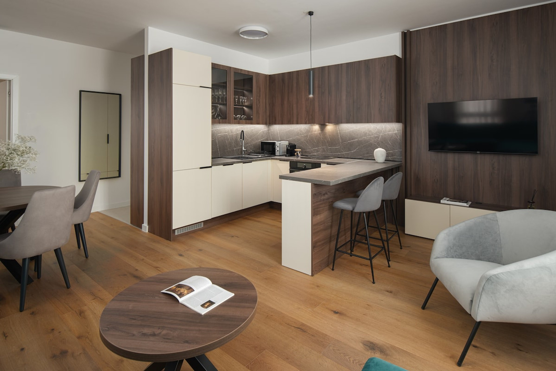 Living room with dining room and kitchen