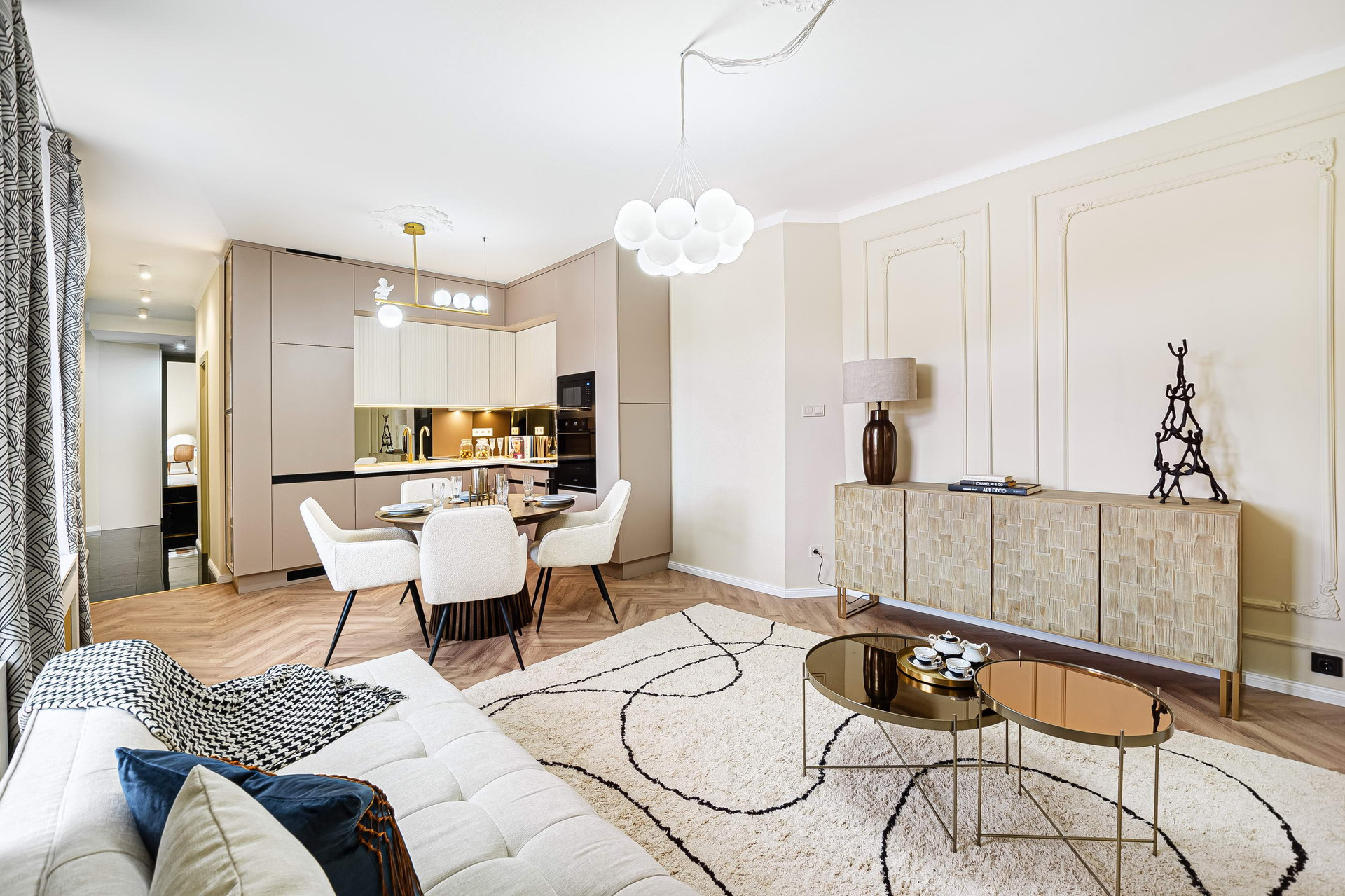 Open living room with kitchen and dining