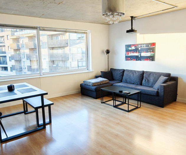 Bright living area with large windows