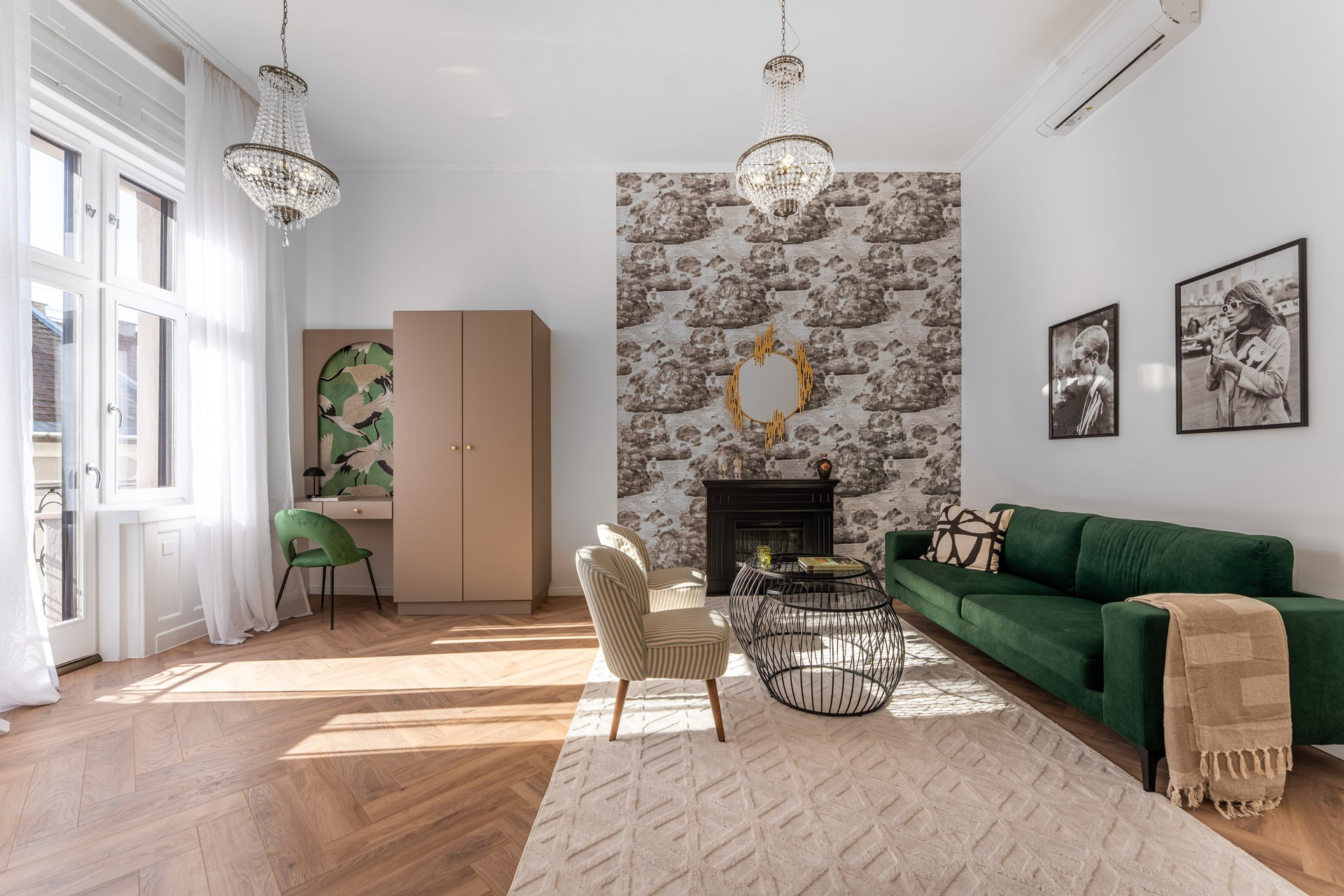 Spacious living room with crystal chandeliers