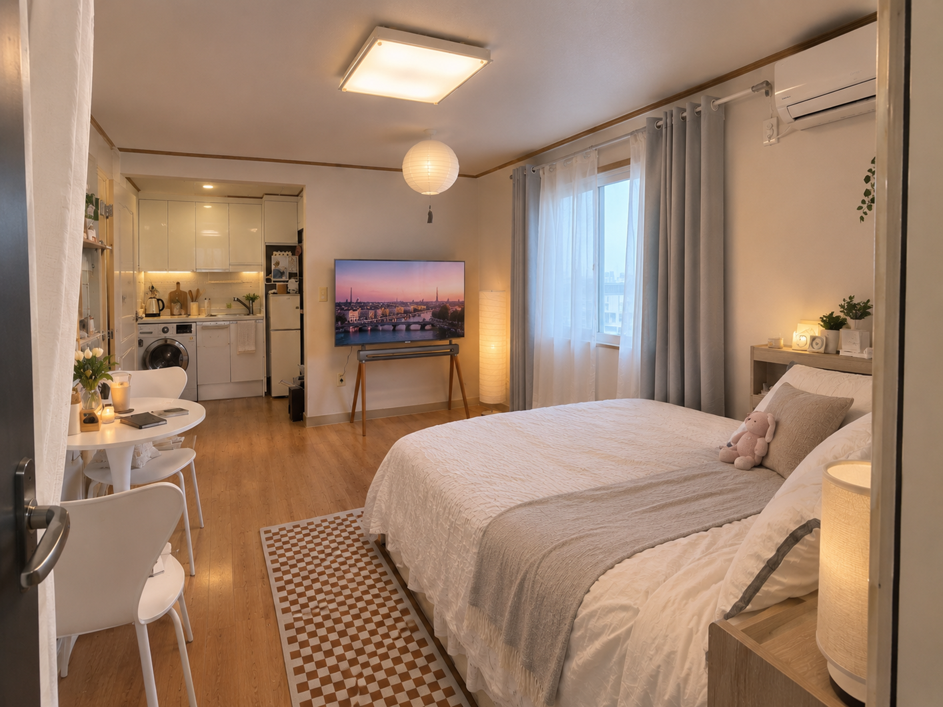 Studio overview with kitchen and TV