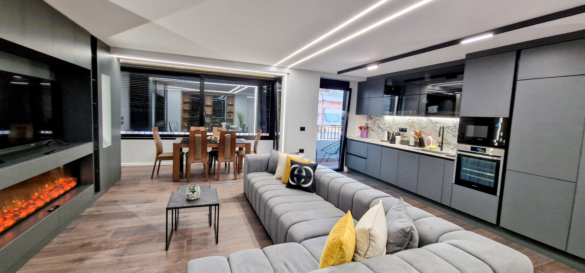 Living room, kitchen and dining table