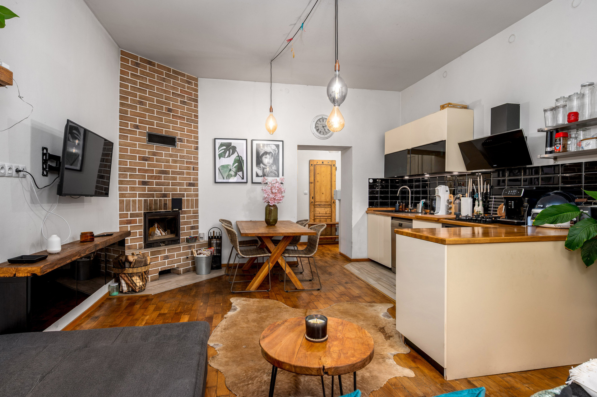 Open plan living kitchen fireplace
