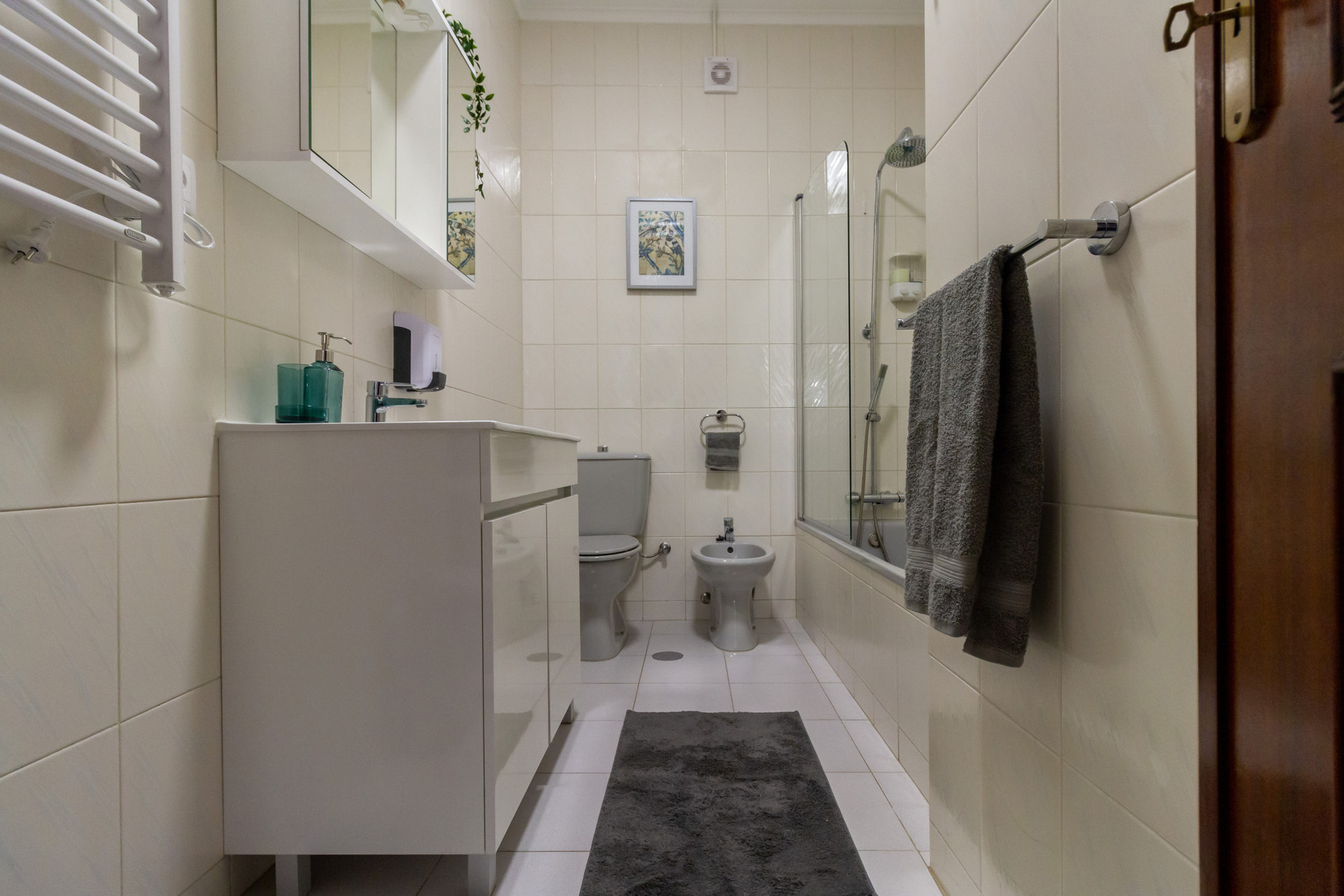 Partial bathroom view with towel heater, sink, vanity and cabinet, toilet, bidet, and bath tub/shower in Casa dos Jacintos Apartment A (Ground Floor), São Jacinto, Aveiro - Portugal