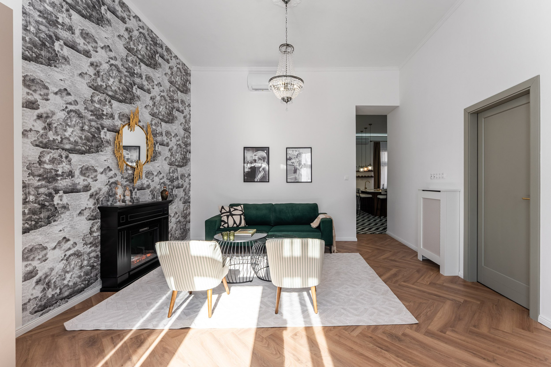 Living room with fireplace green sofa
