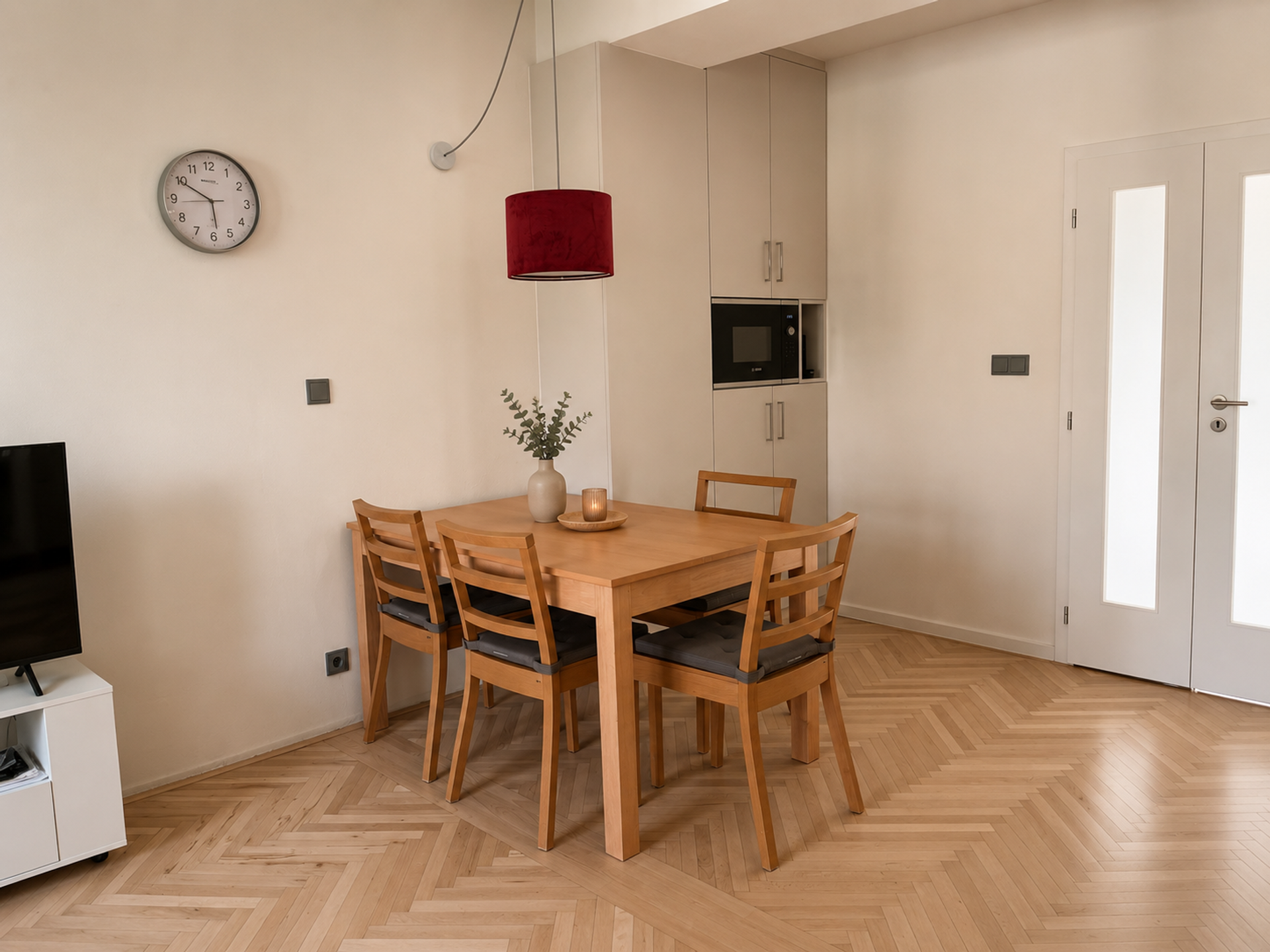 Dining area with herringbone floor
