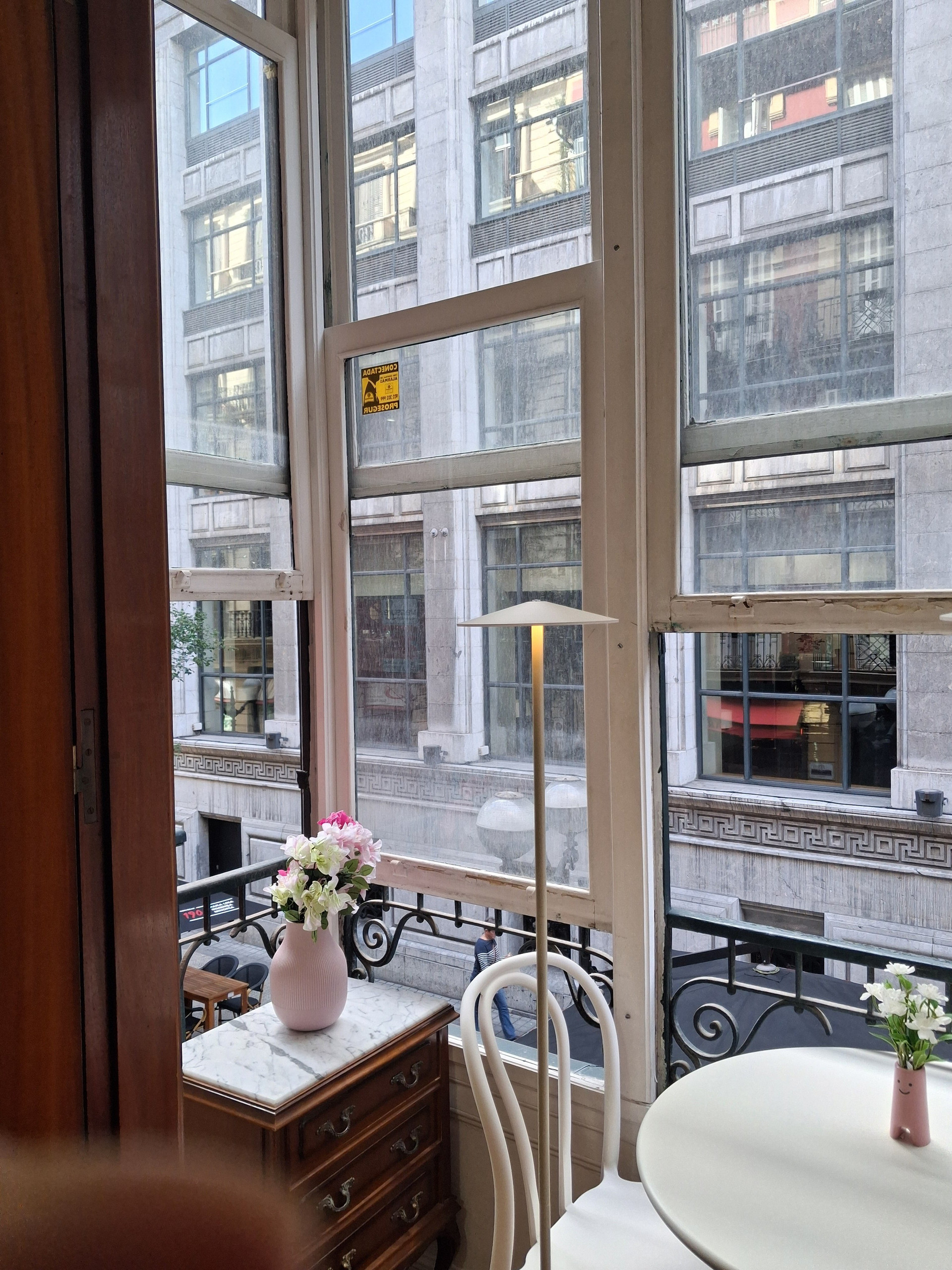 Window view with flowers and dresser