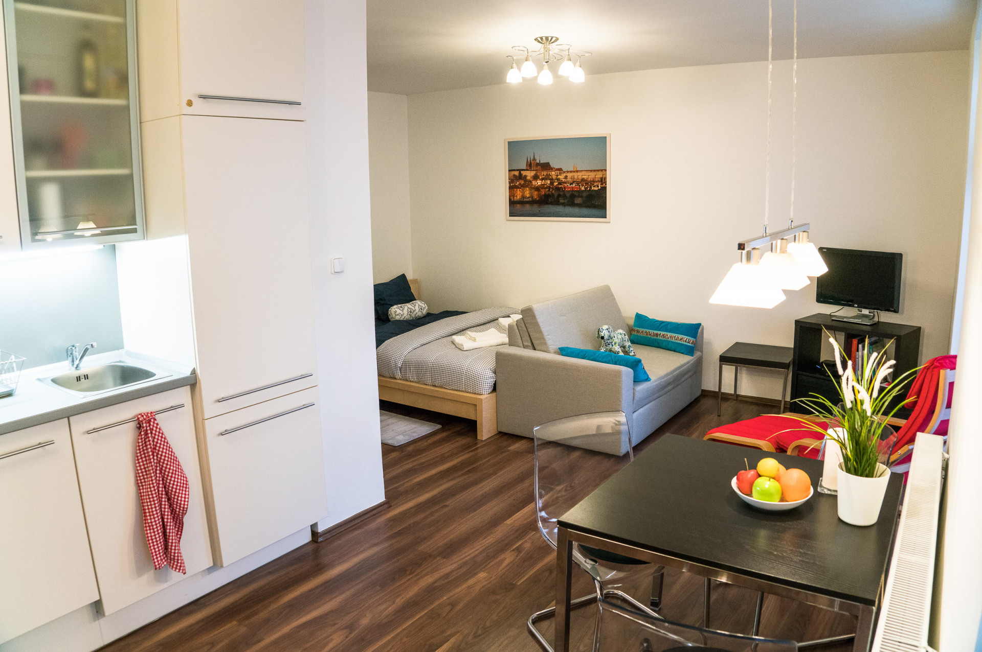 kitchen, table and bed