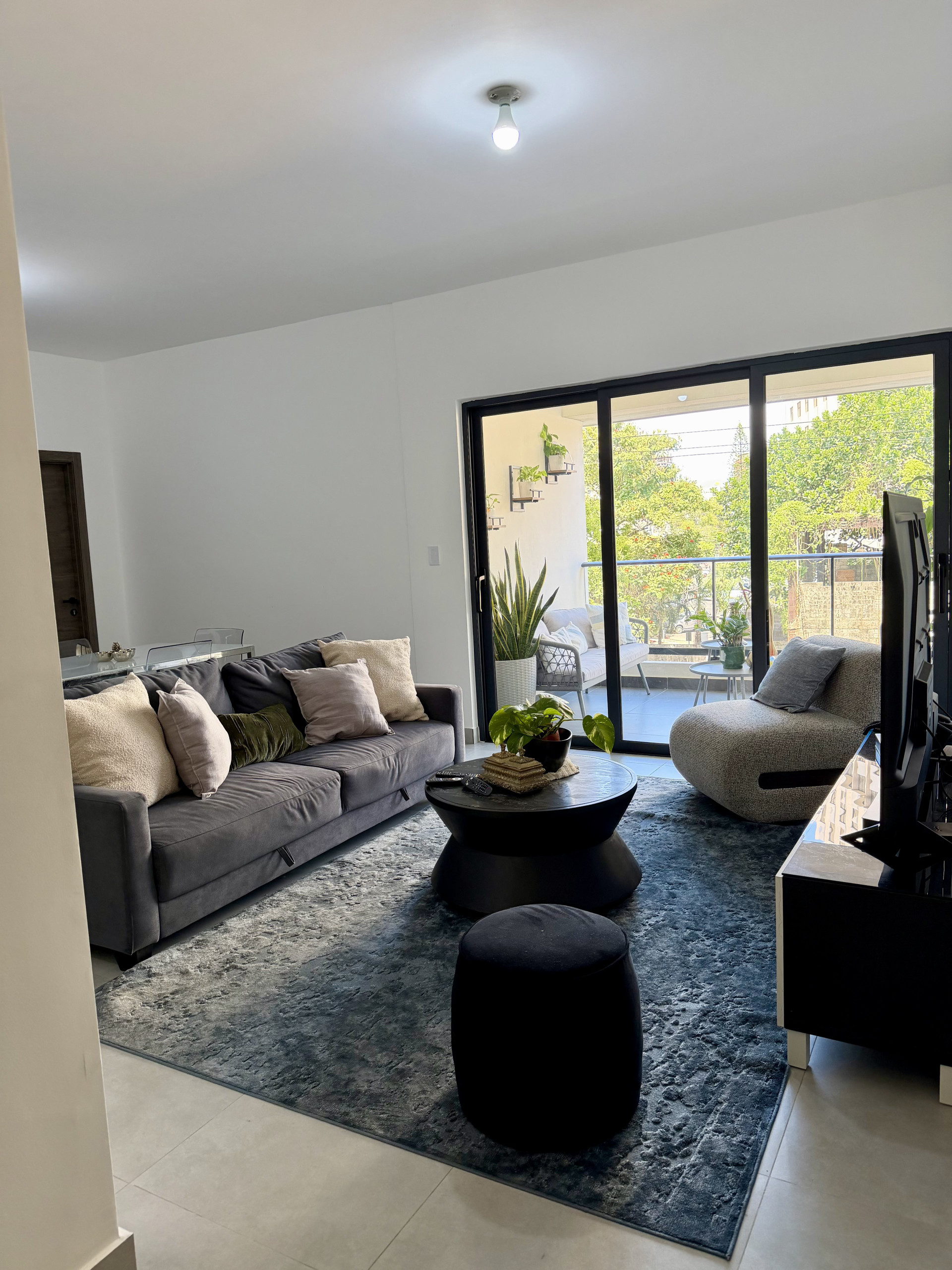 Bright living room with balcony view
