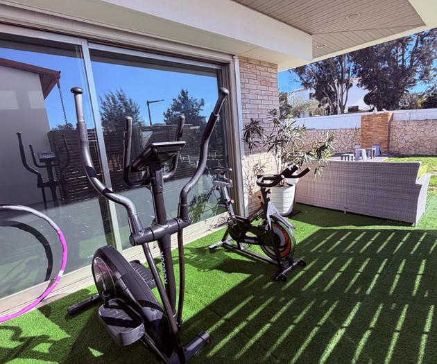 Outdoor gym equipment on patio