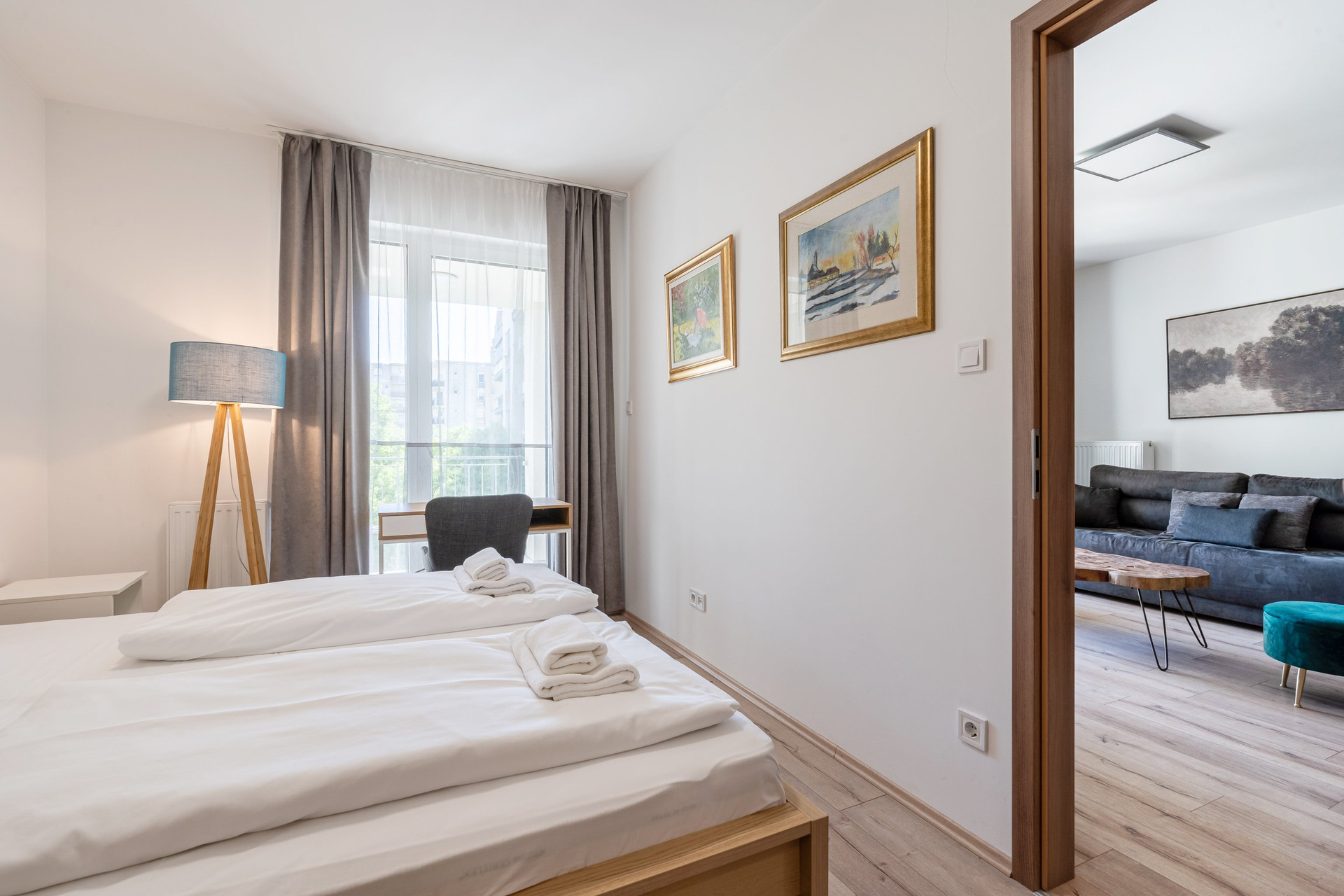 Bright bedroom with double bed
