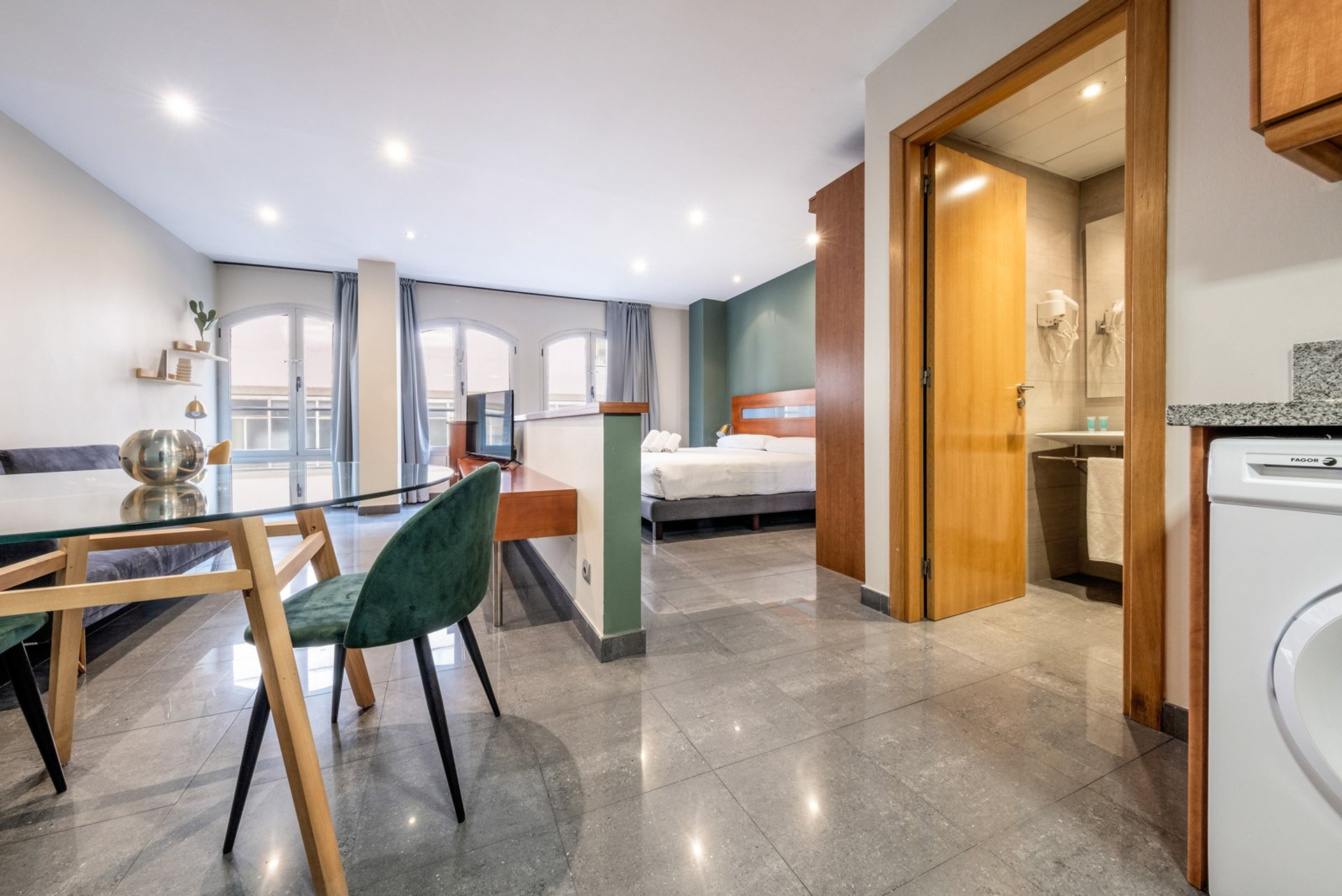 Open plan living bedroom bathroom