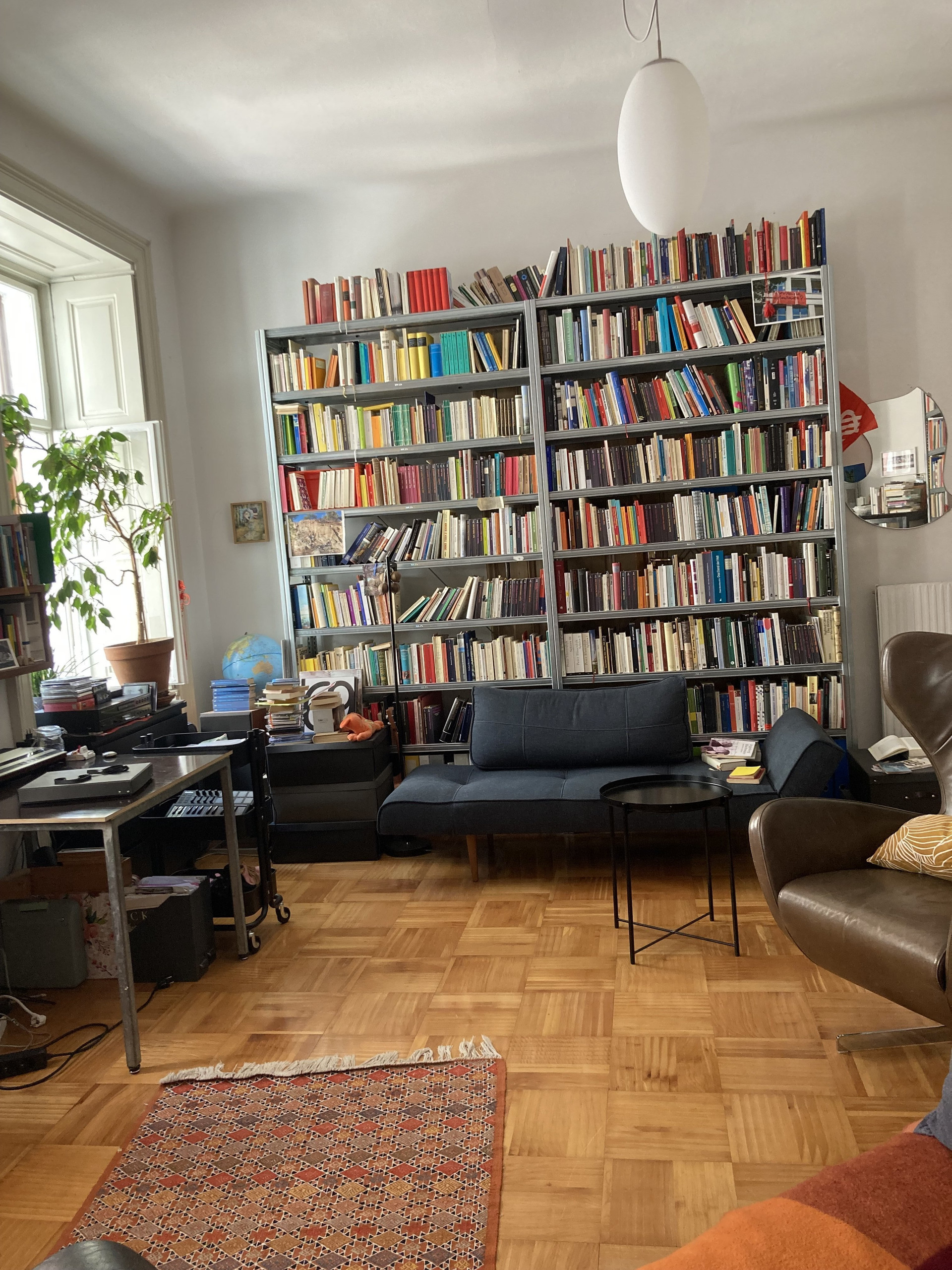 Living room with sofa and shelves