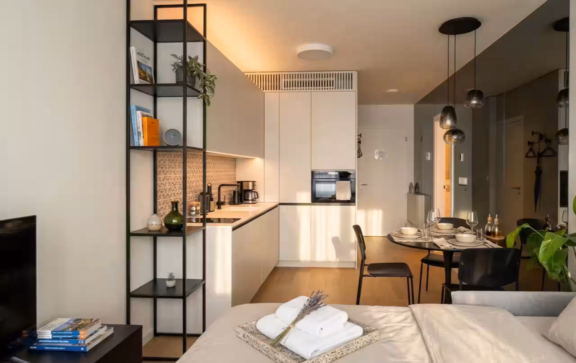 Warmly lit kitchen and dining